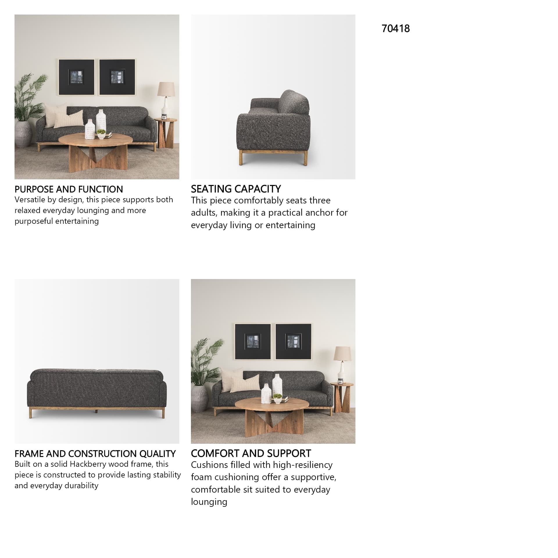 Hale Sofa W/ Medium Brown Wood and Gray Fabric — in a styled room