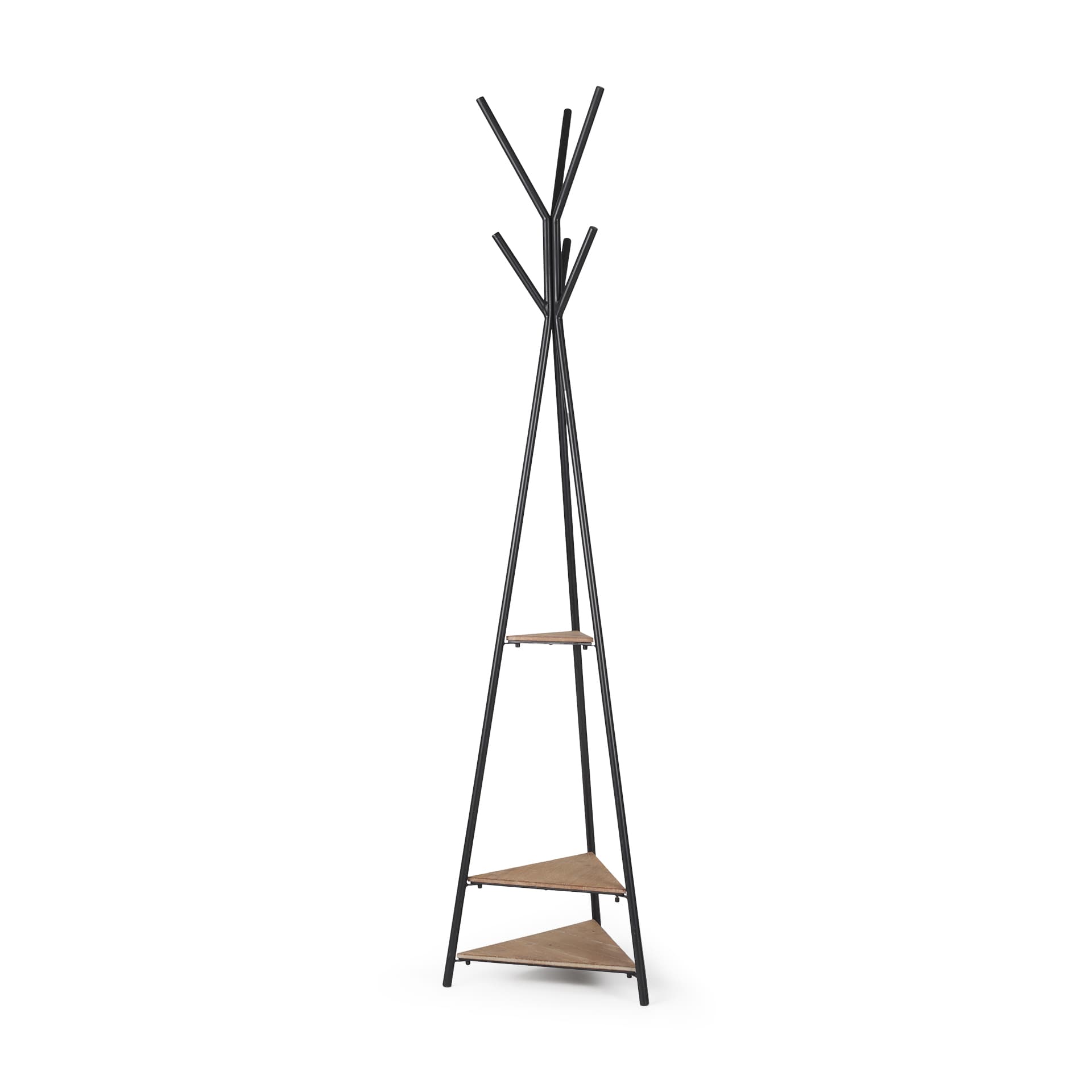 Everett Matte Black Metal w/ Two Wood Shelves Coat Rack — product photograph