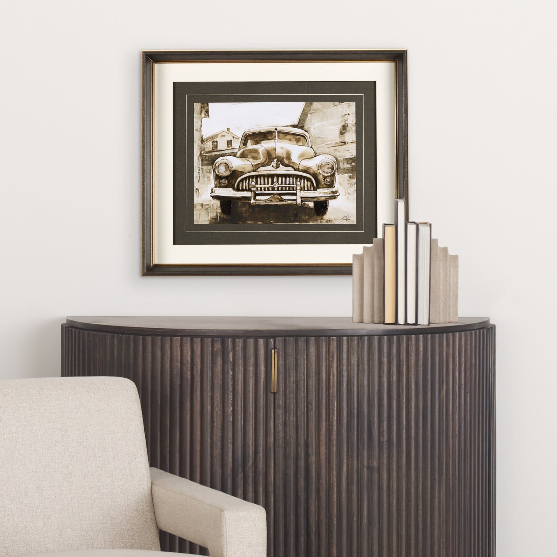 Vintage Car Picture III by Mercana Studio Hand Embellished Framed Art Print Matted under Glass — in a styled room