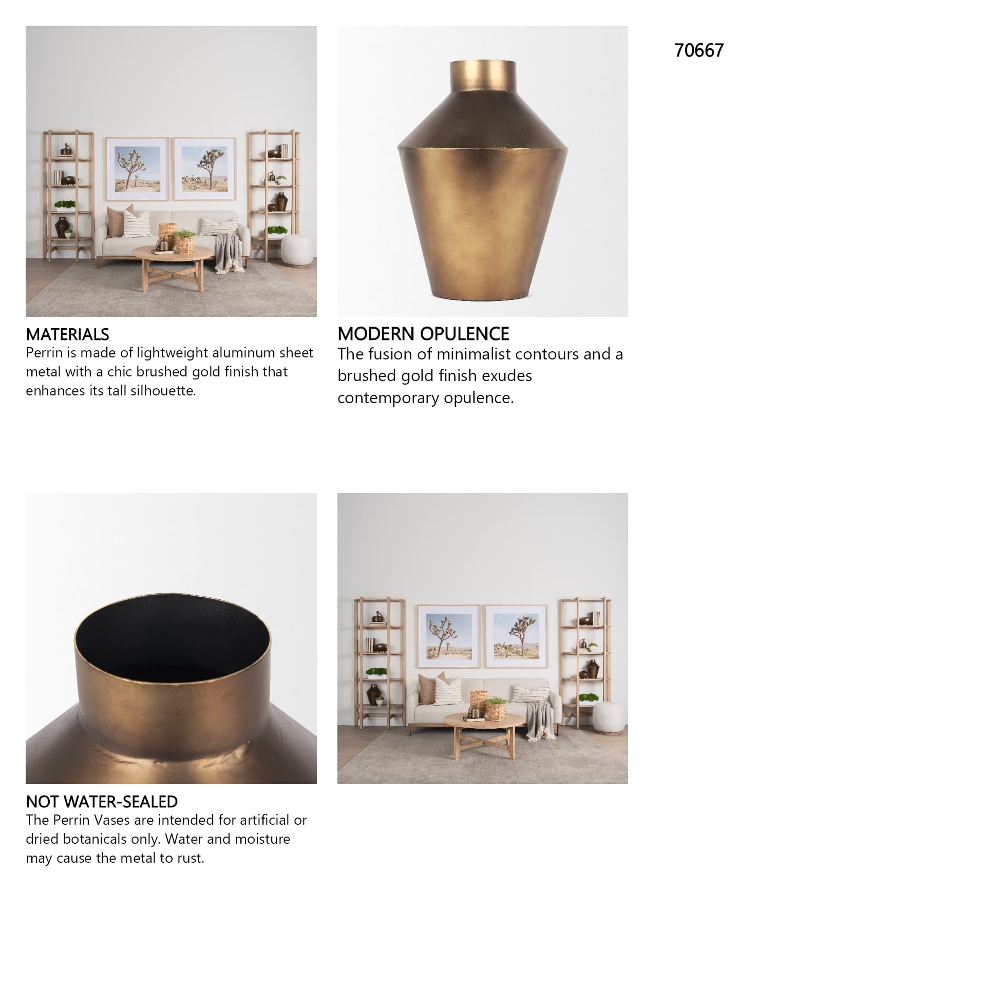 Perrin Small Brushed Gold Metal Decorative Vase — in a styled room