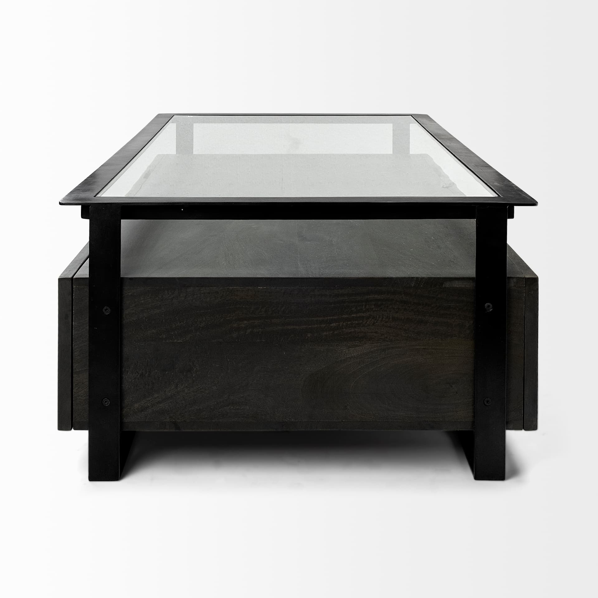 Vidro 54x30 Rectangular Glass Top Black Solid Wood Drawers & Black Frame Coffee Table — product photograph