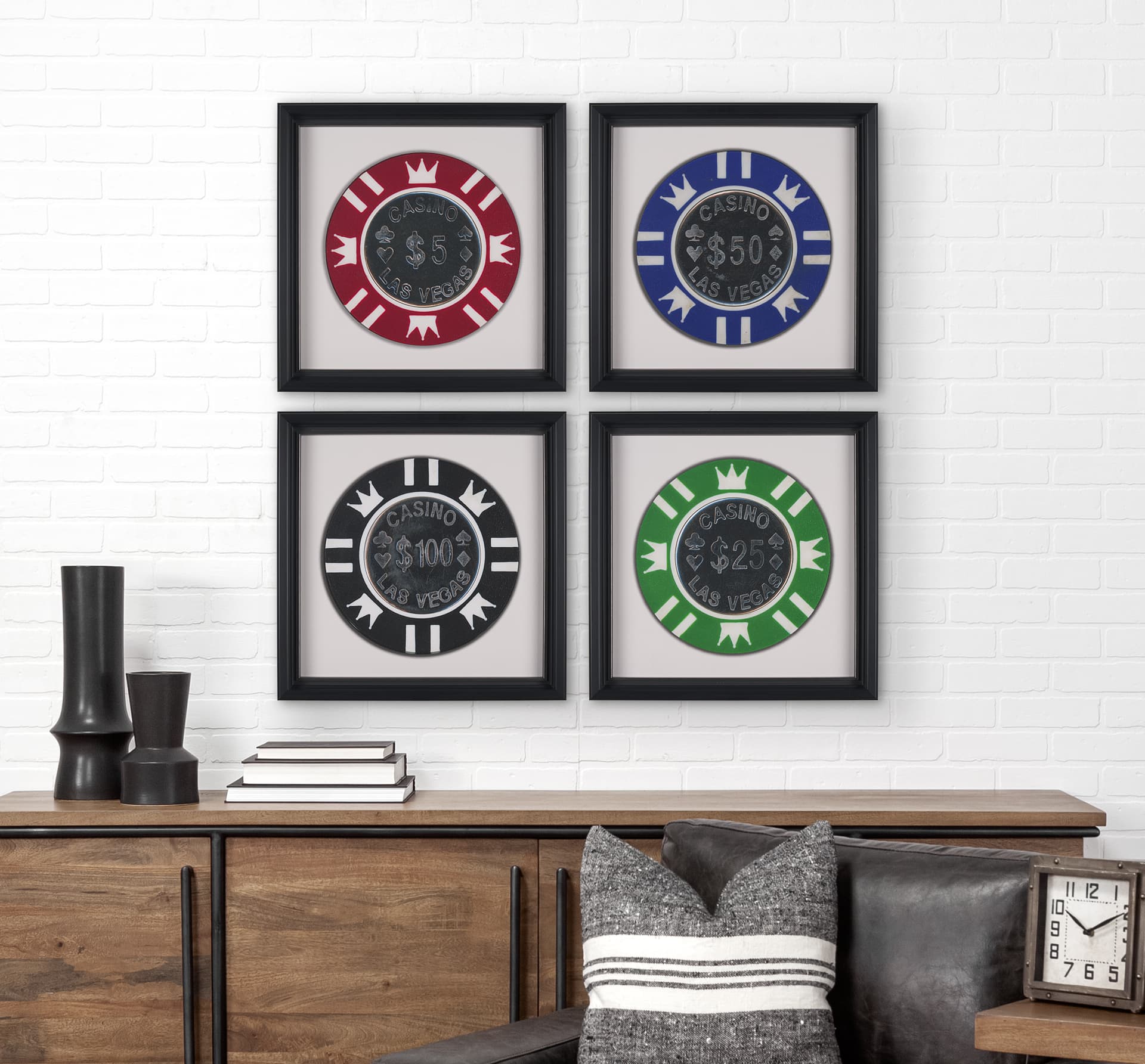 Casino 50 Dollar Vegas Poker Chip By Zap Studio Framed Art Photograph Print under Glass — in a styled room