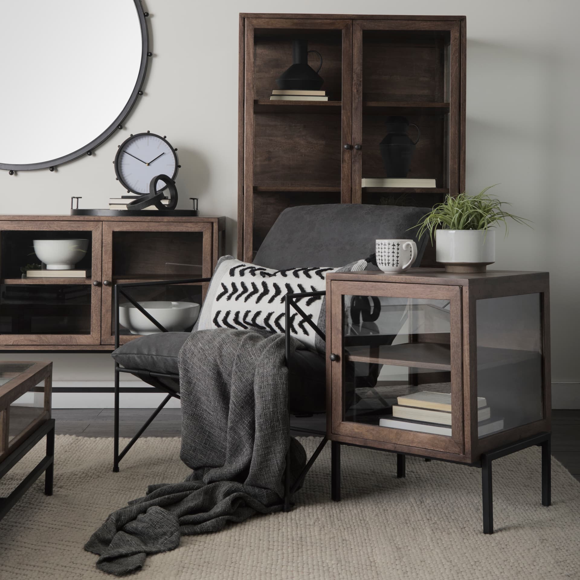 Arelius 20L x 18W x 26H Medium Brown Wood W/ Black Metal Frame End/Side Table — product photograph