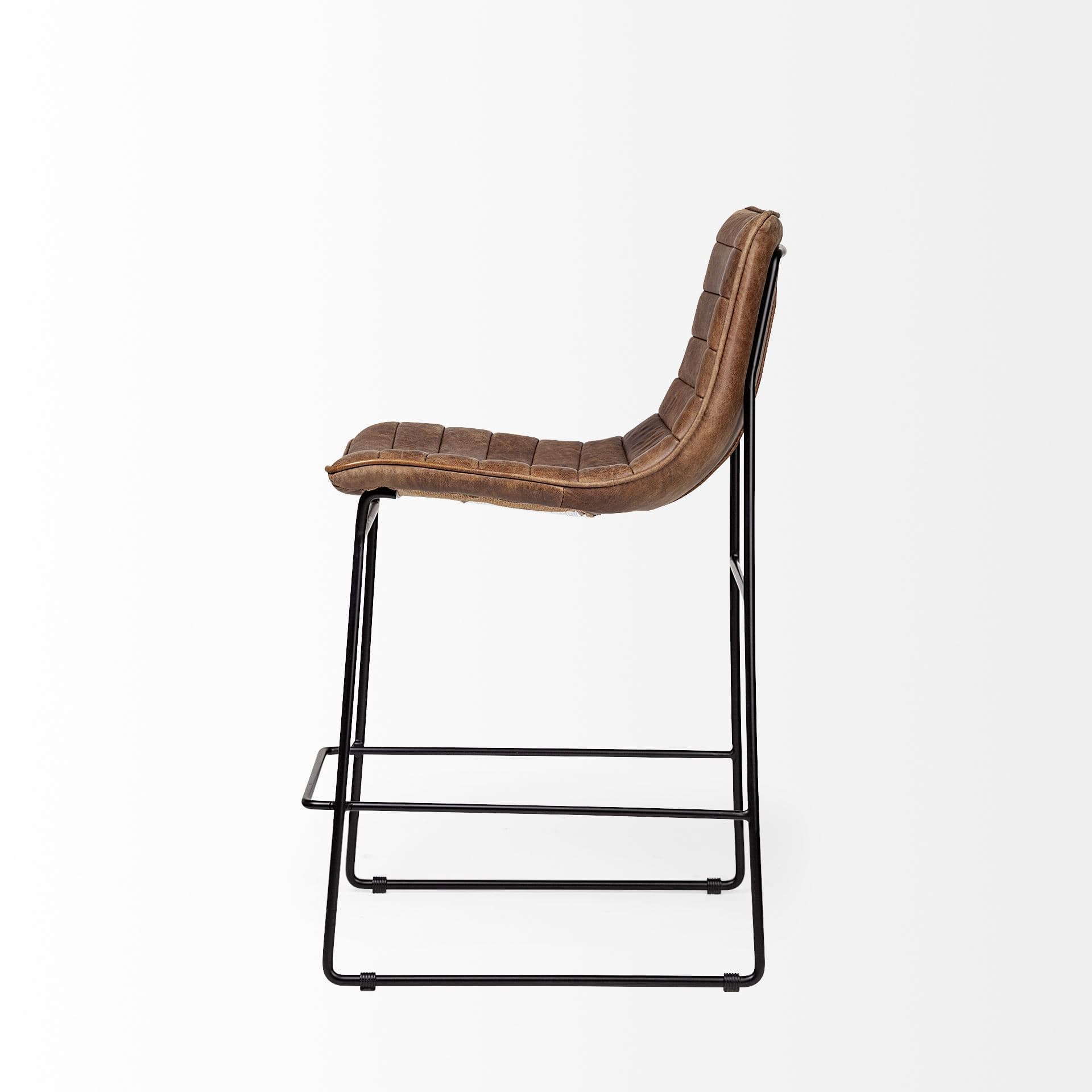 Meritt Low Back 37.8in Seat Counter Stool | Brown Leather w/ Metal — product photograph