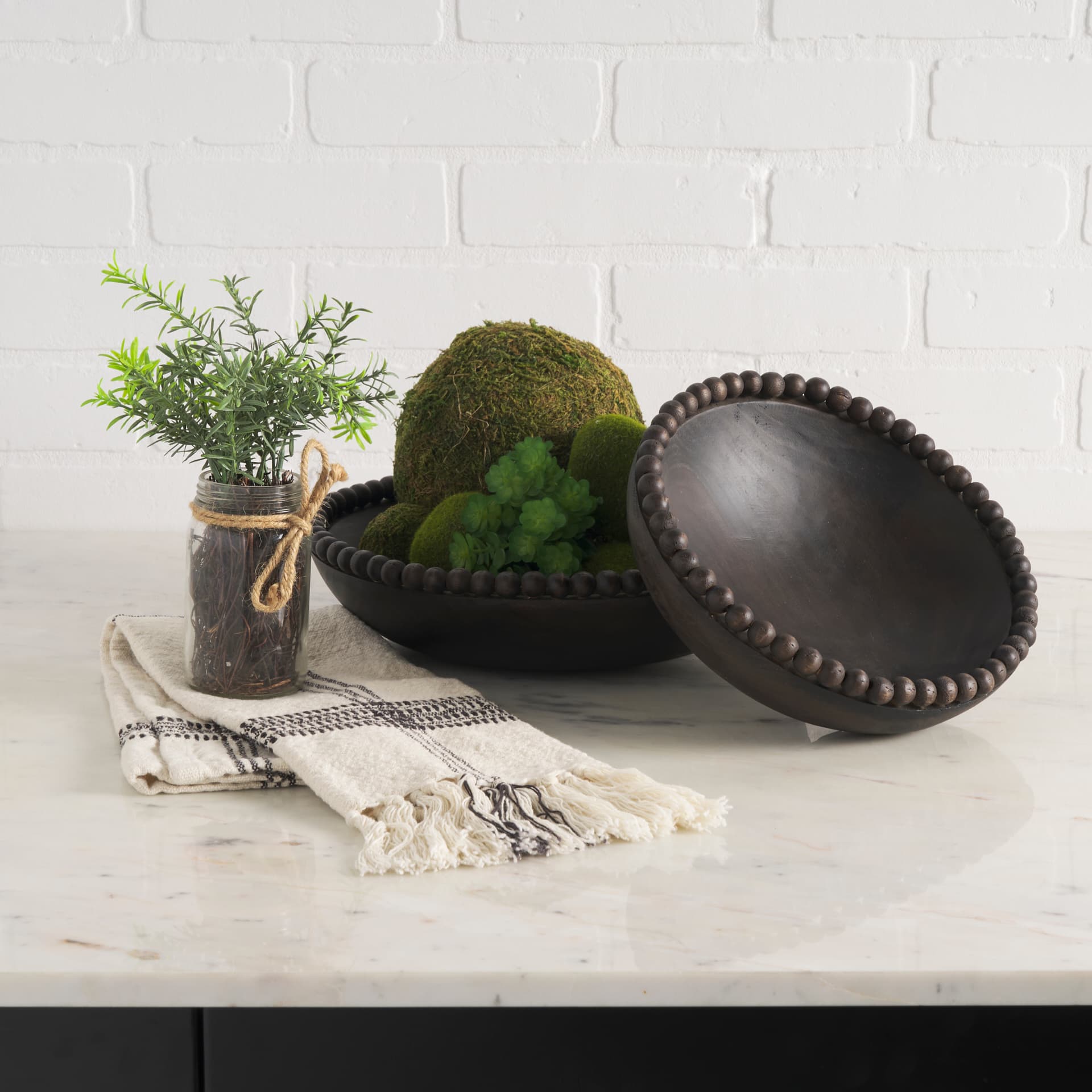 Wendell Dark Brown Wood w/ Wood Beads Round Bowls — in a styled room