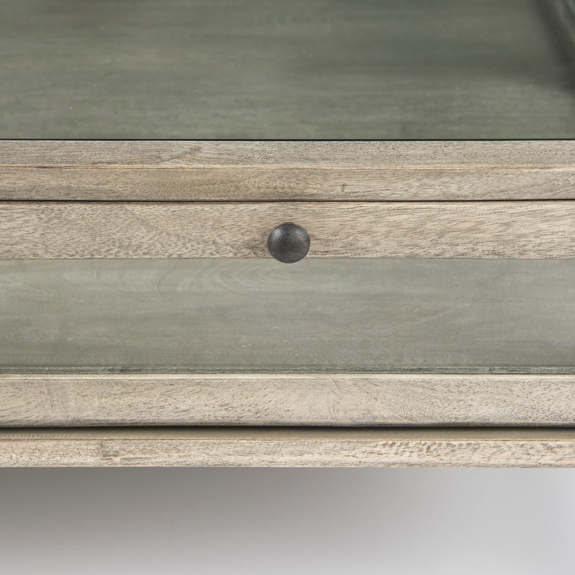Arelius 42" Square Glass-Top Gray Wood w/ Black Metal Base Display Coffee Table — product photograph
