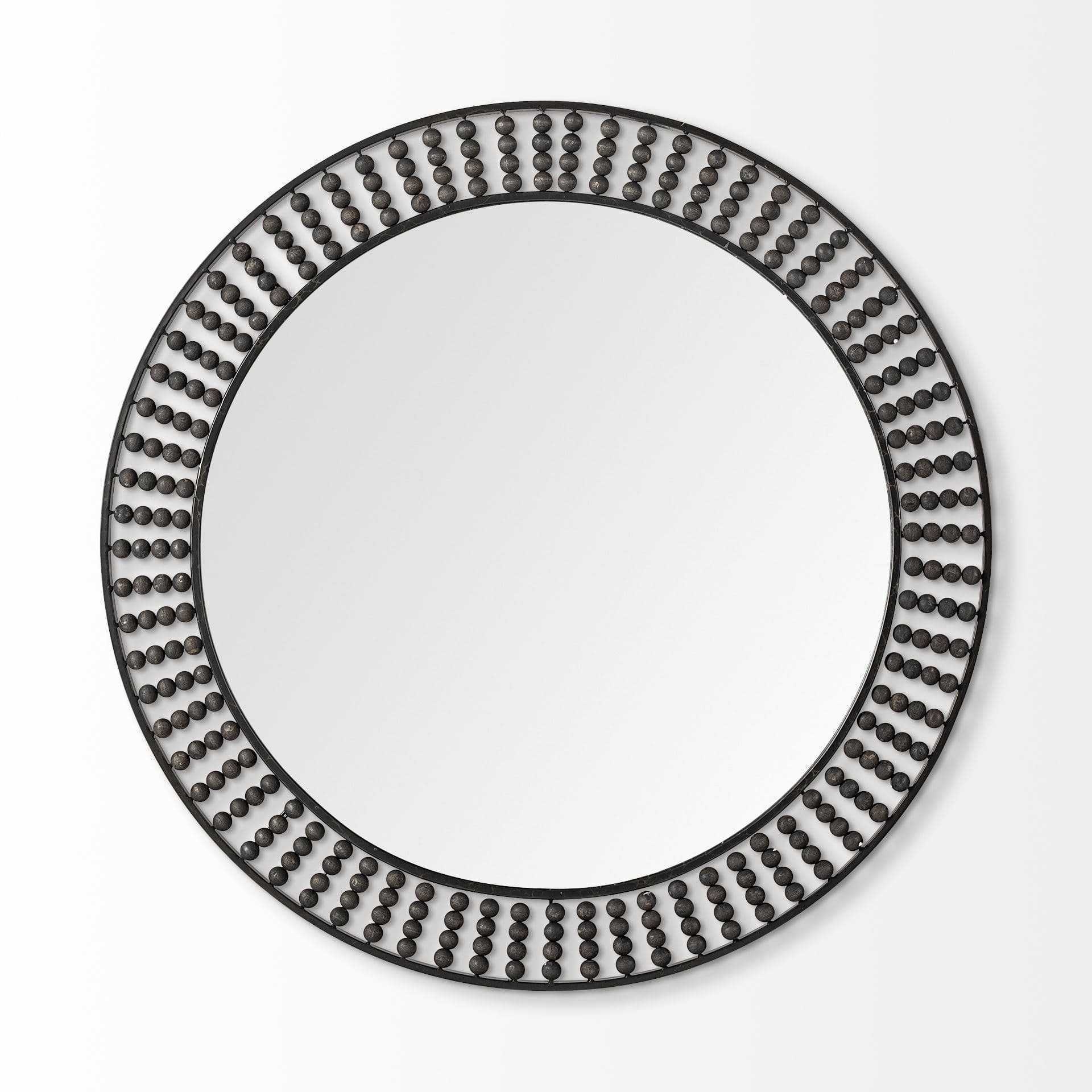 Claiborne 42" Round Black Metal Frame Mirror w/Wood Beads — product photograph