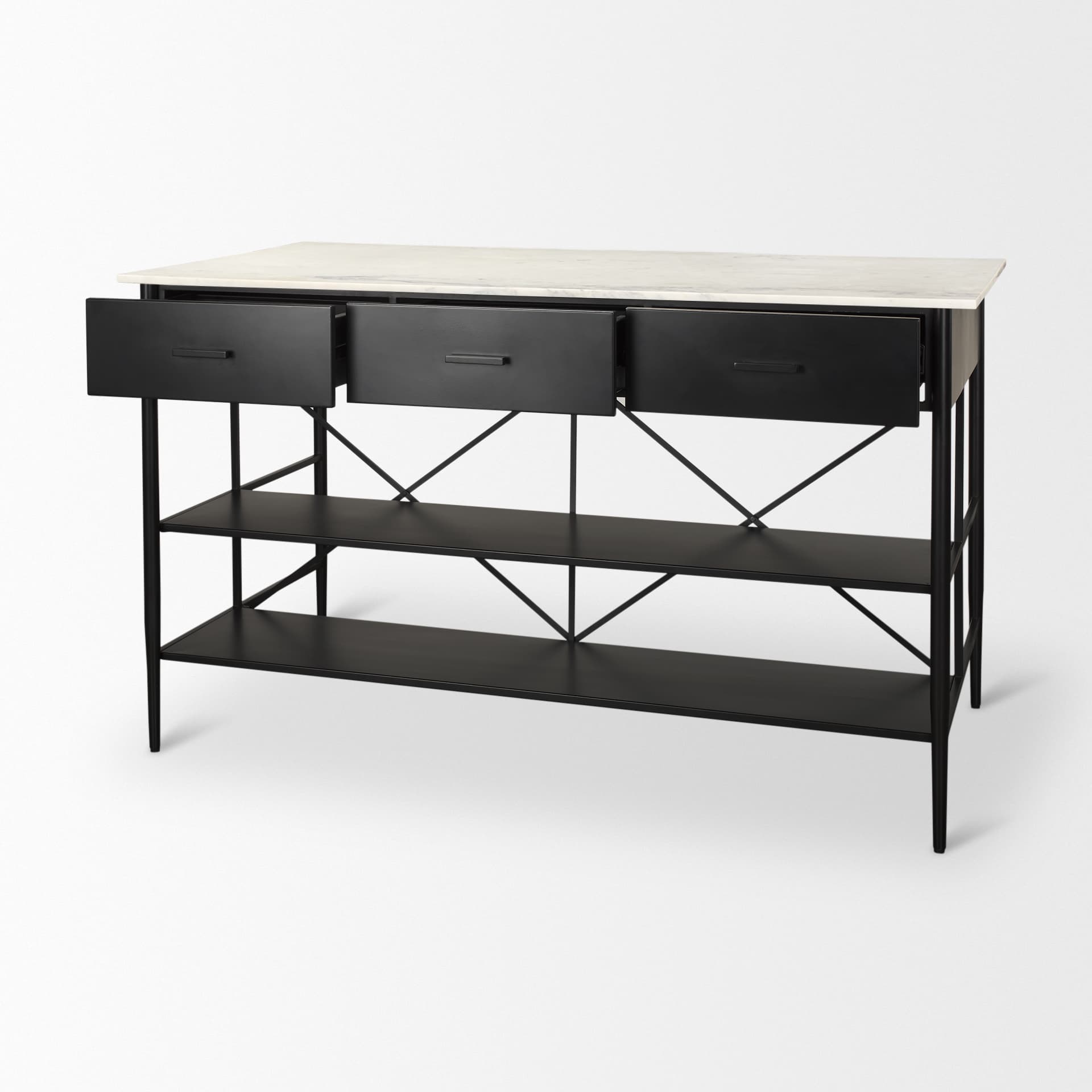 Amika White Marble Top Black Metal Base Kitchen Island — product photograph