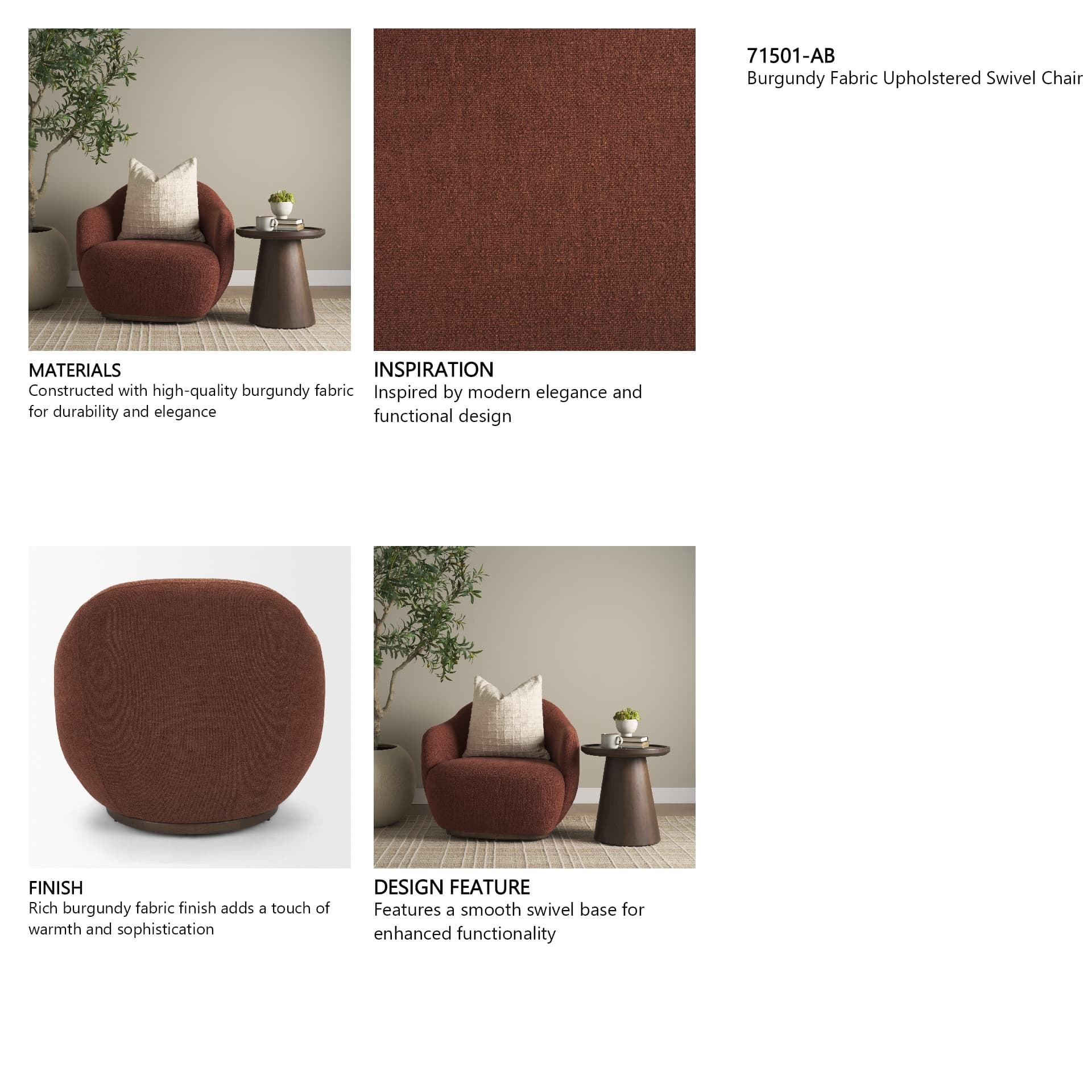 Hudson Burgundy Fabric Upholstered Swivel Chair — in a styled room