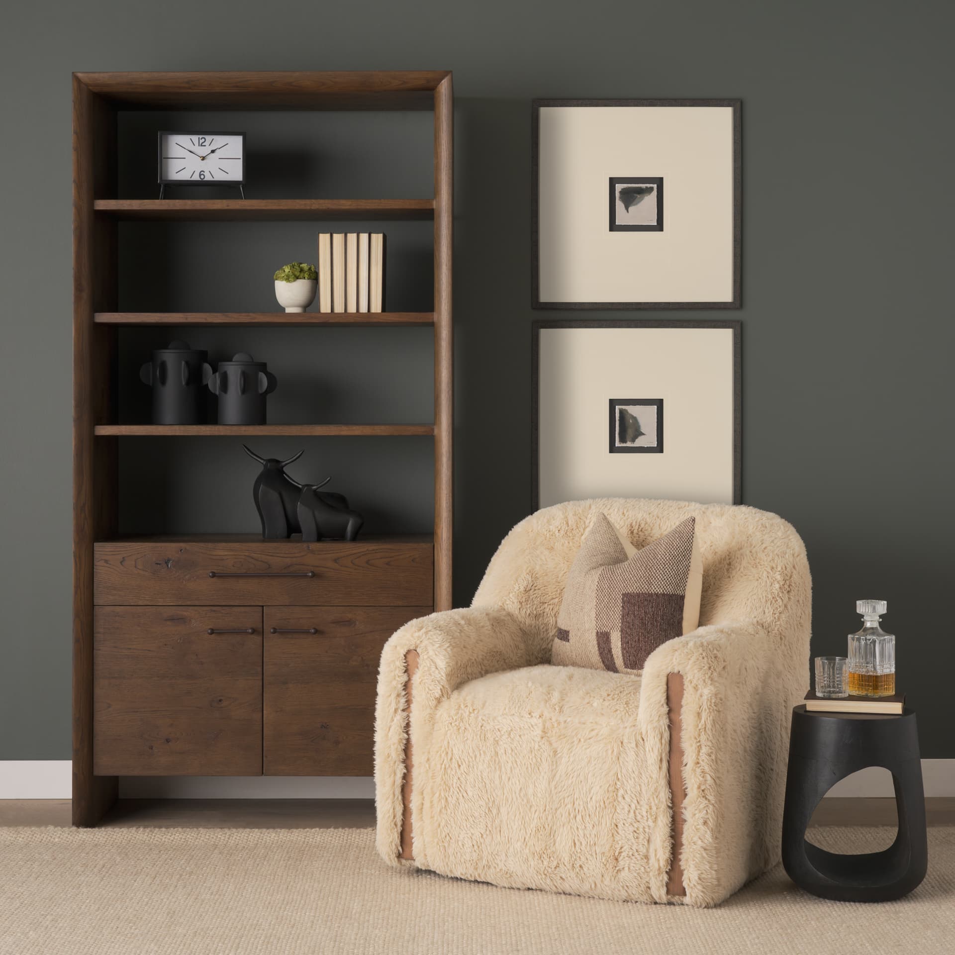Belford 2-Door Open Dark Brown Oak Wood Shelving Unit — in a styled room