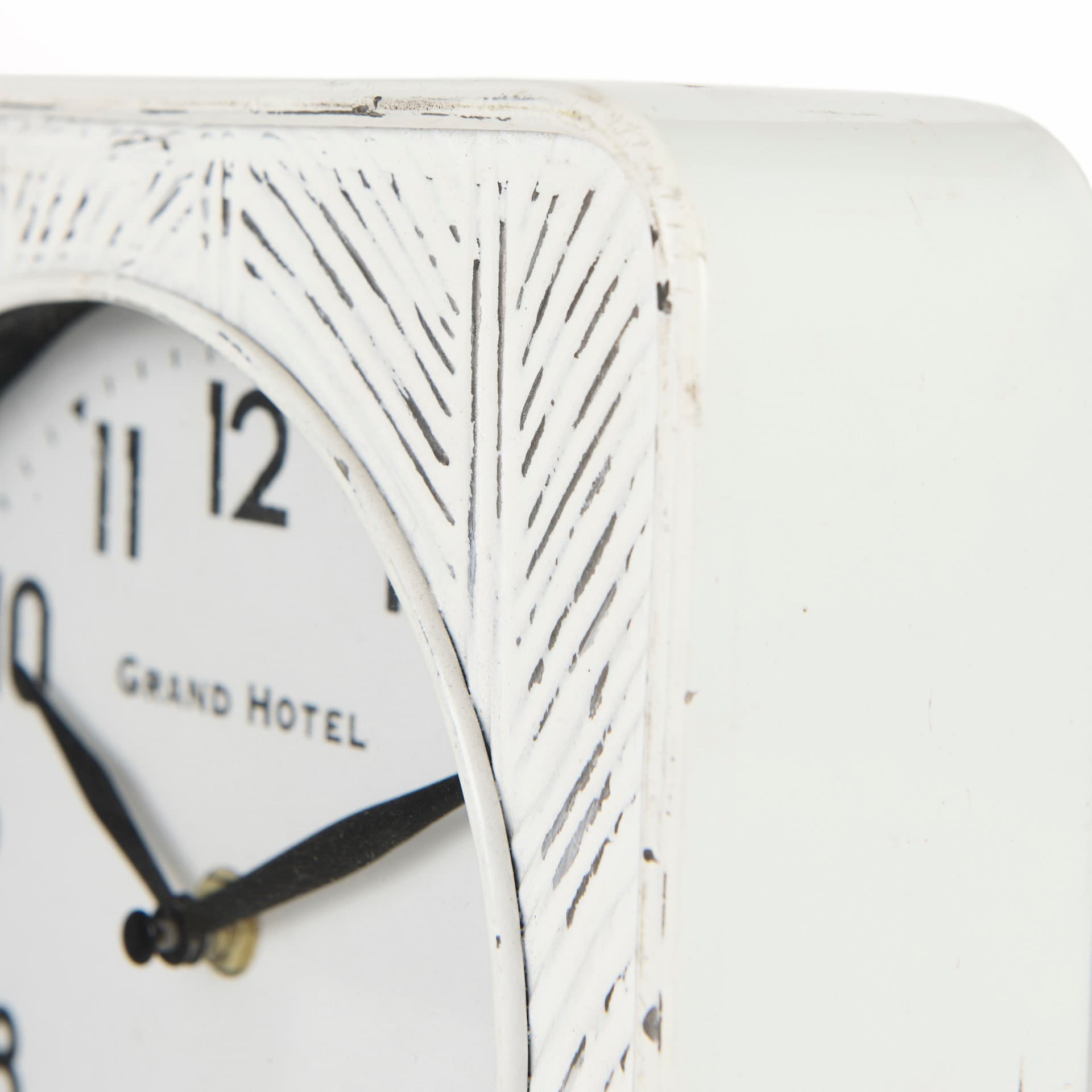 Karl 8.0L x 2.8W x 8.8H Rustic White Iron Rounded Square Table Clock — product photograph