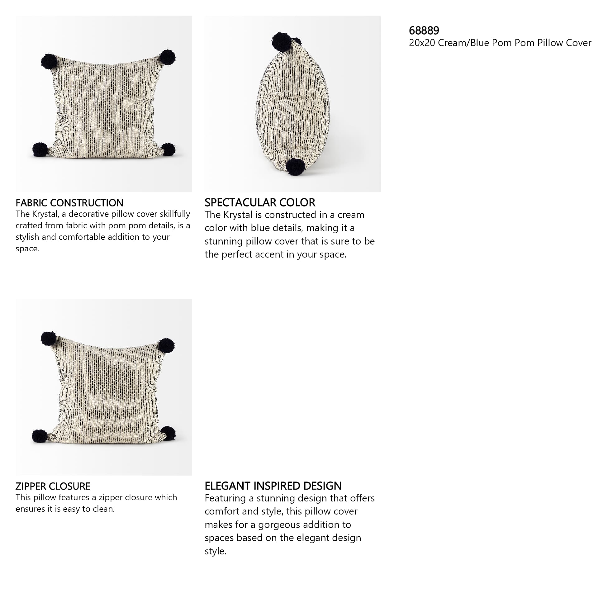 Krystal 20x20 Cream/Blue Pom Pom Pillow Cover — in a styled room