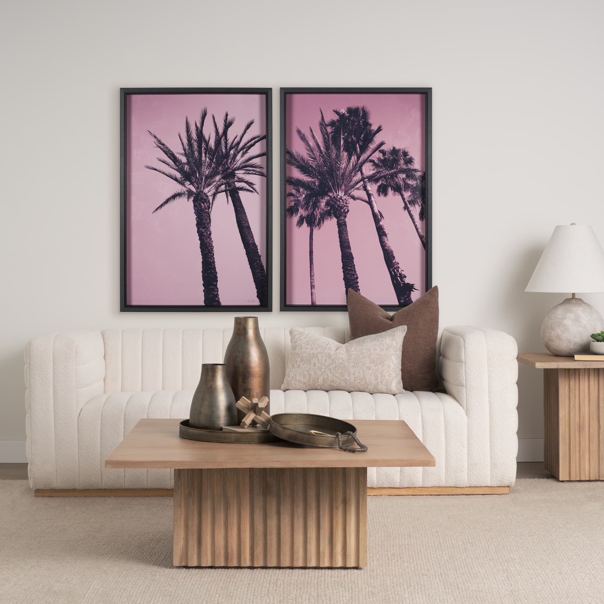 Pink Palms I by Deborah Revell a Hand Embellished Framed Photo Art Print — in a styled room