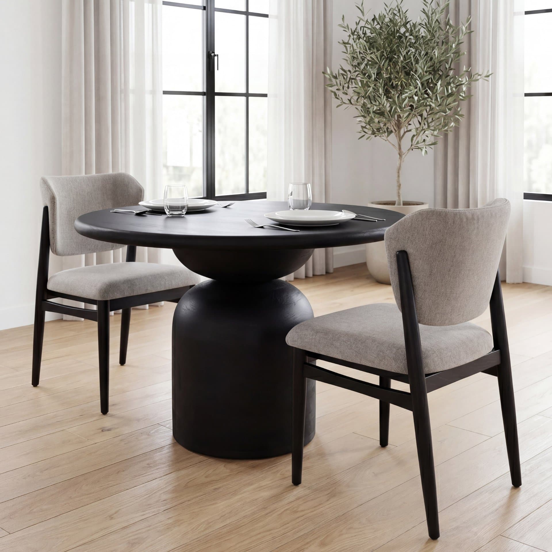 Cline Curved Back Dining Side Chair | Gray Fabric w/ Black Wood — product photograph