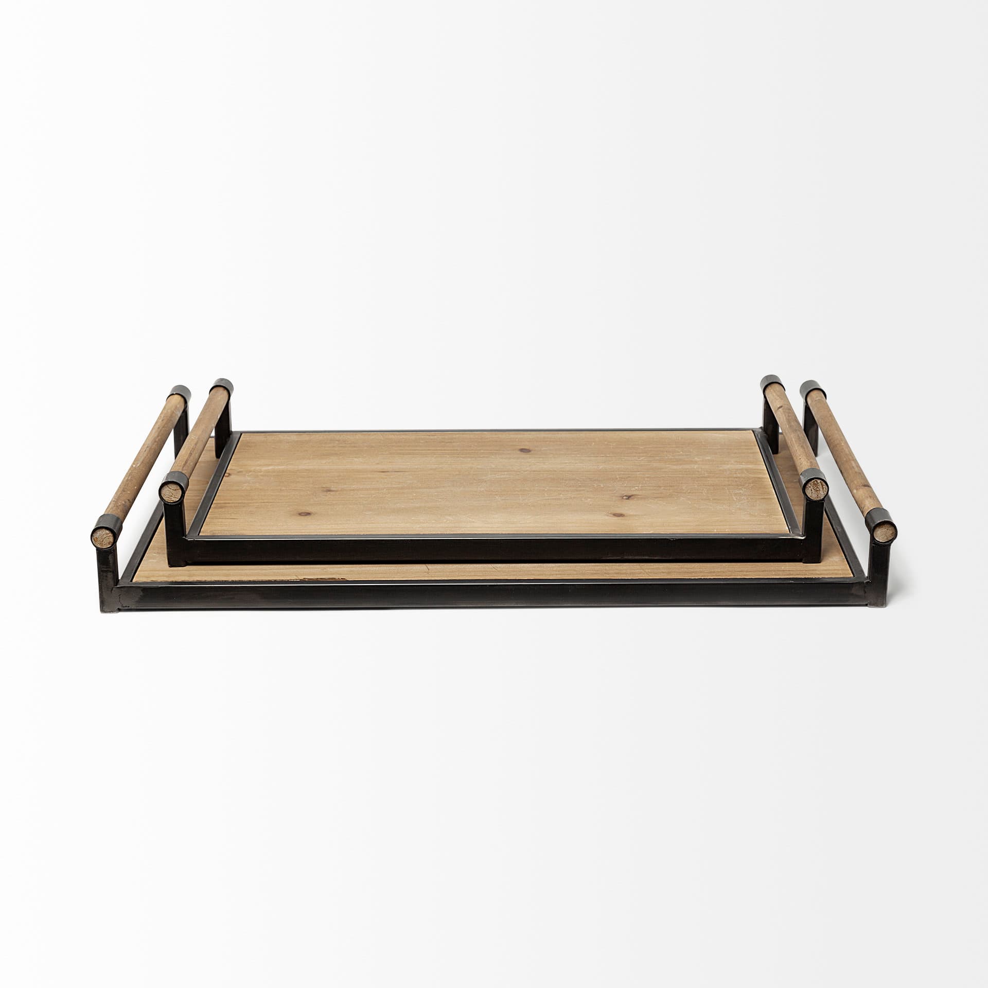 Benson Set of 2 Brown Wood Black Metal Trays — product photograph