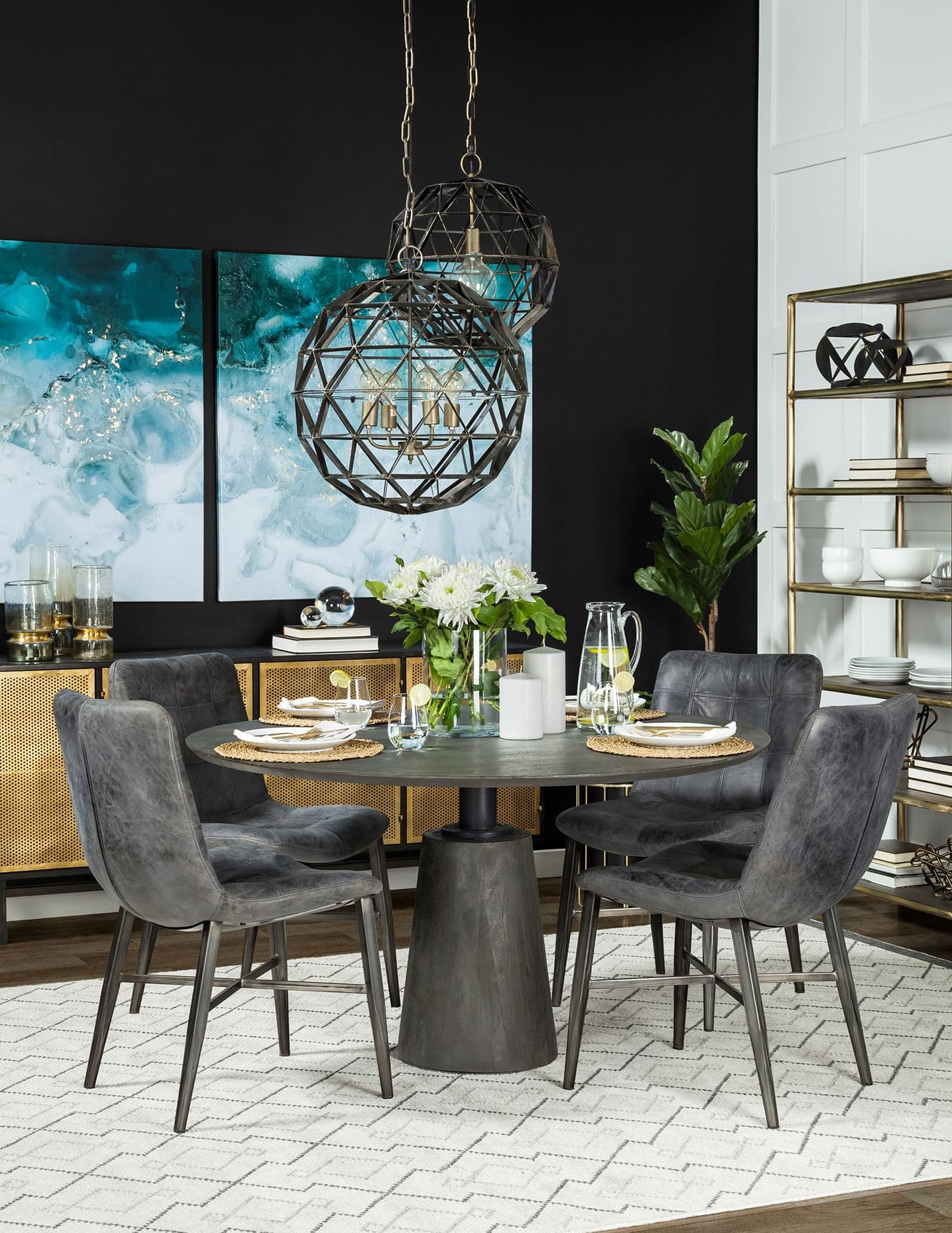 Dyson I 18x18 Black Metal Triangular Orb Pendant Light — in a styled room