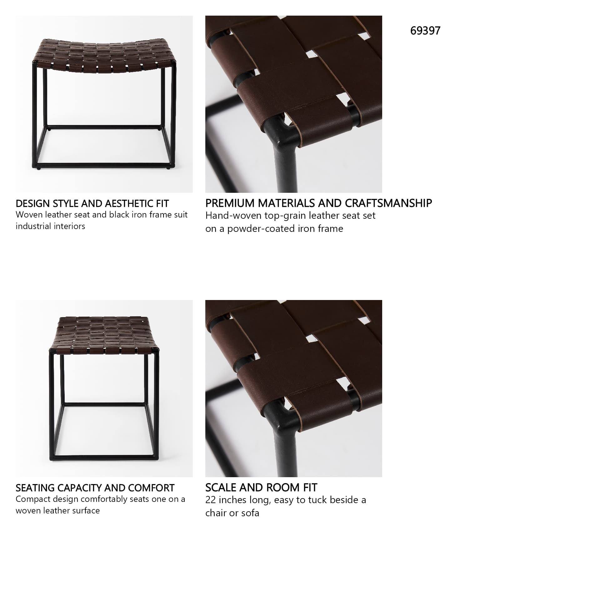 Clarissa 22.0L x 16.0W x 16.5H Brown Leather Woven Seat W/ Black Metal Frame Stool — in a styled room
