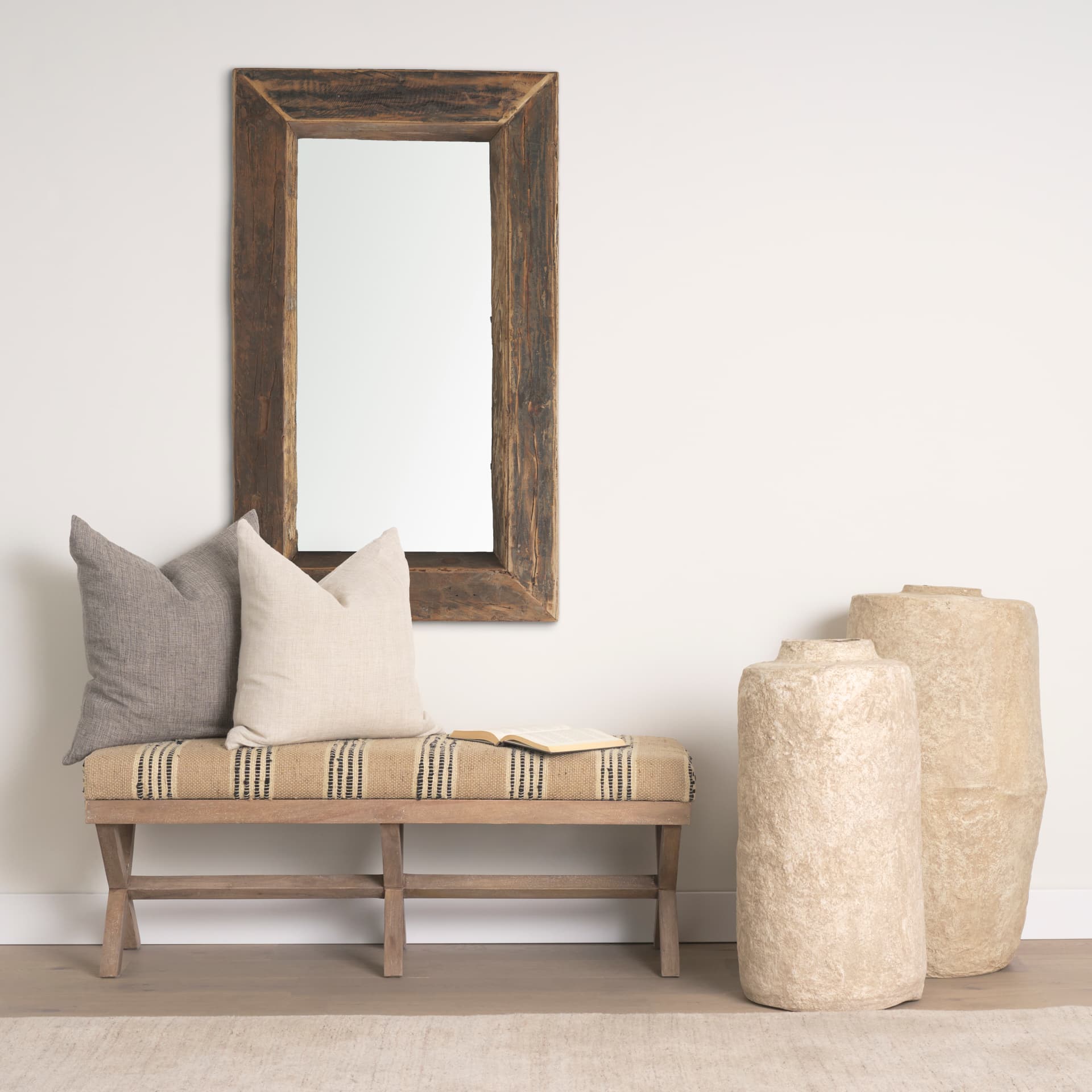 Solis 50L x 16W Brown Base Upholstered Beige/Black Stripe Seat Accent Bench — product photograph