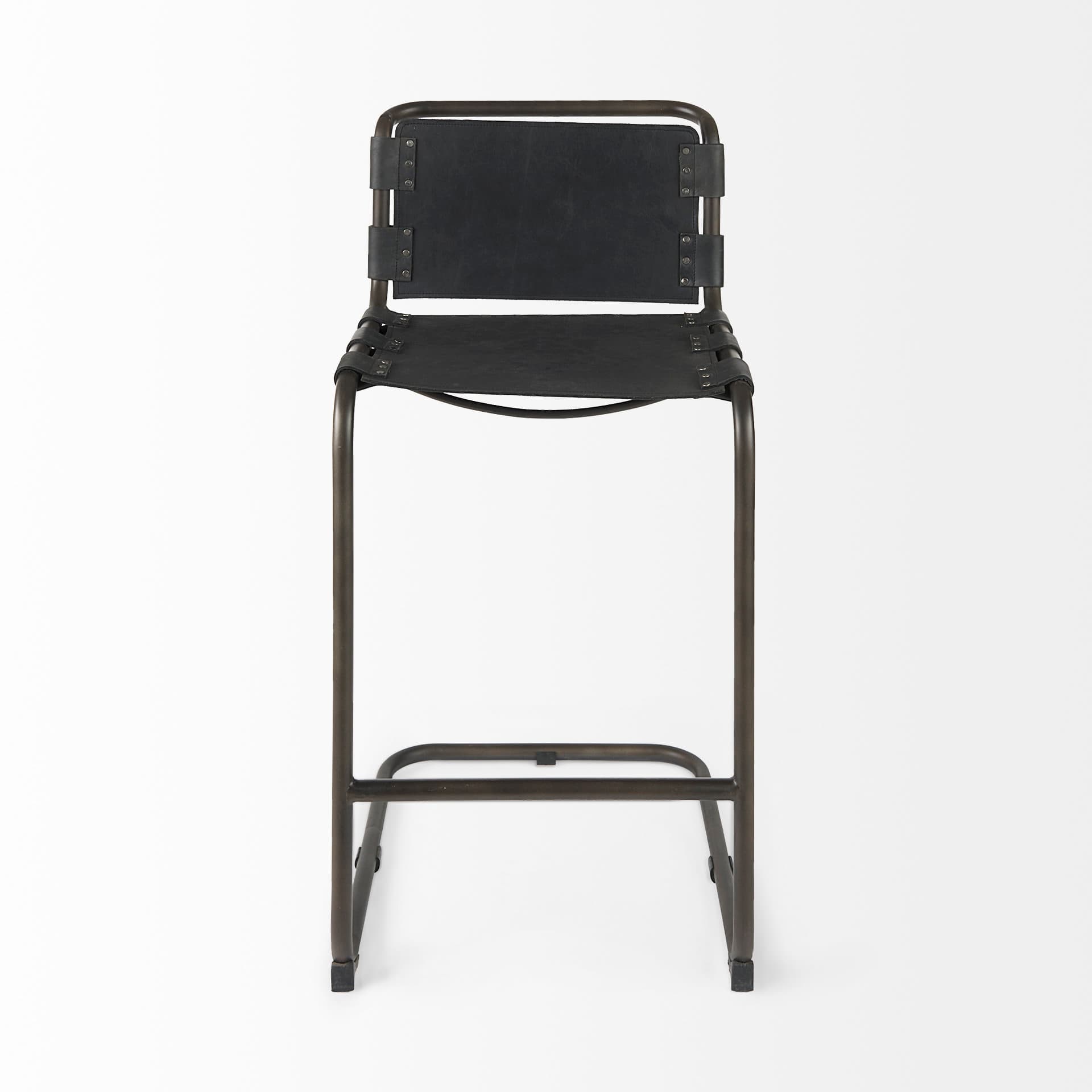 Berbick Low Back 26in Seat Counter Stool | Black Leather w/ Gray Metal — product photograph