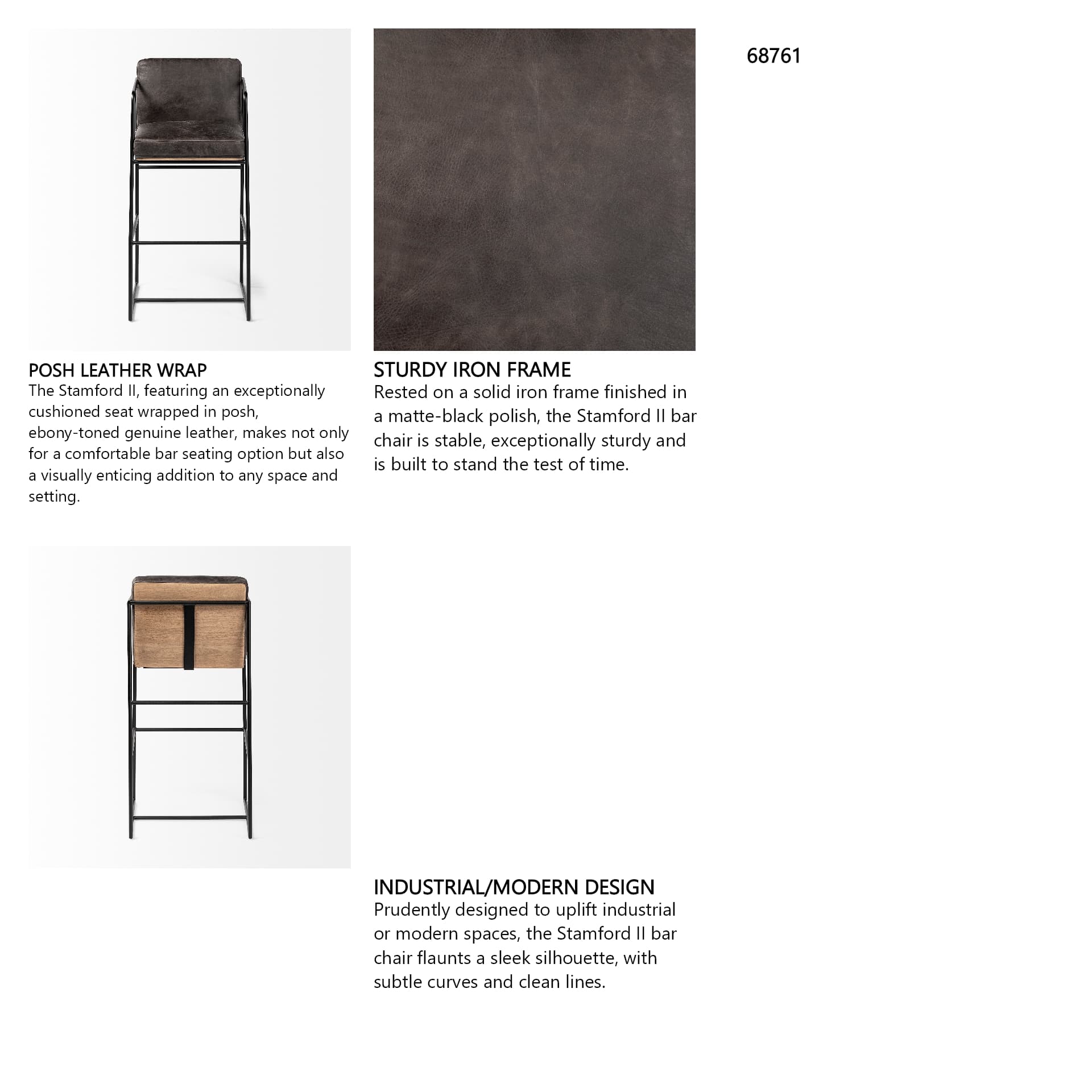 Stamford Backless 40in Seat Bar Stool | Black Leather w/ Black Metal — product photograph