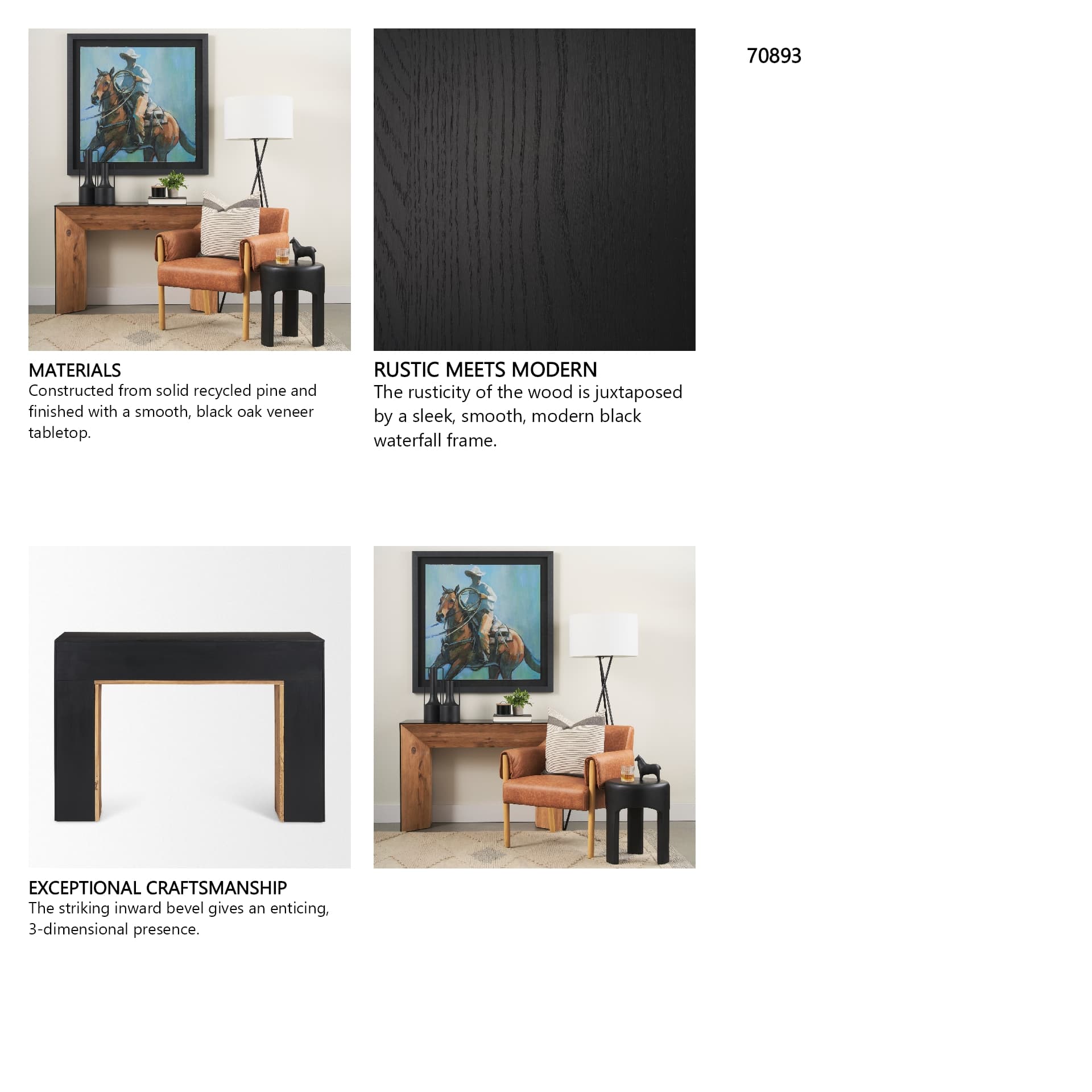 Tabor Natural Wood w/ Black Oak Waterfall Console Table — in a styled room