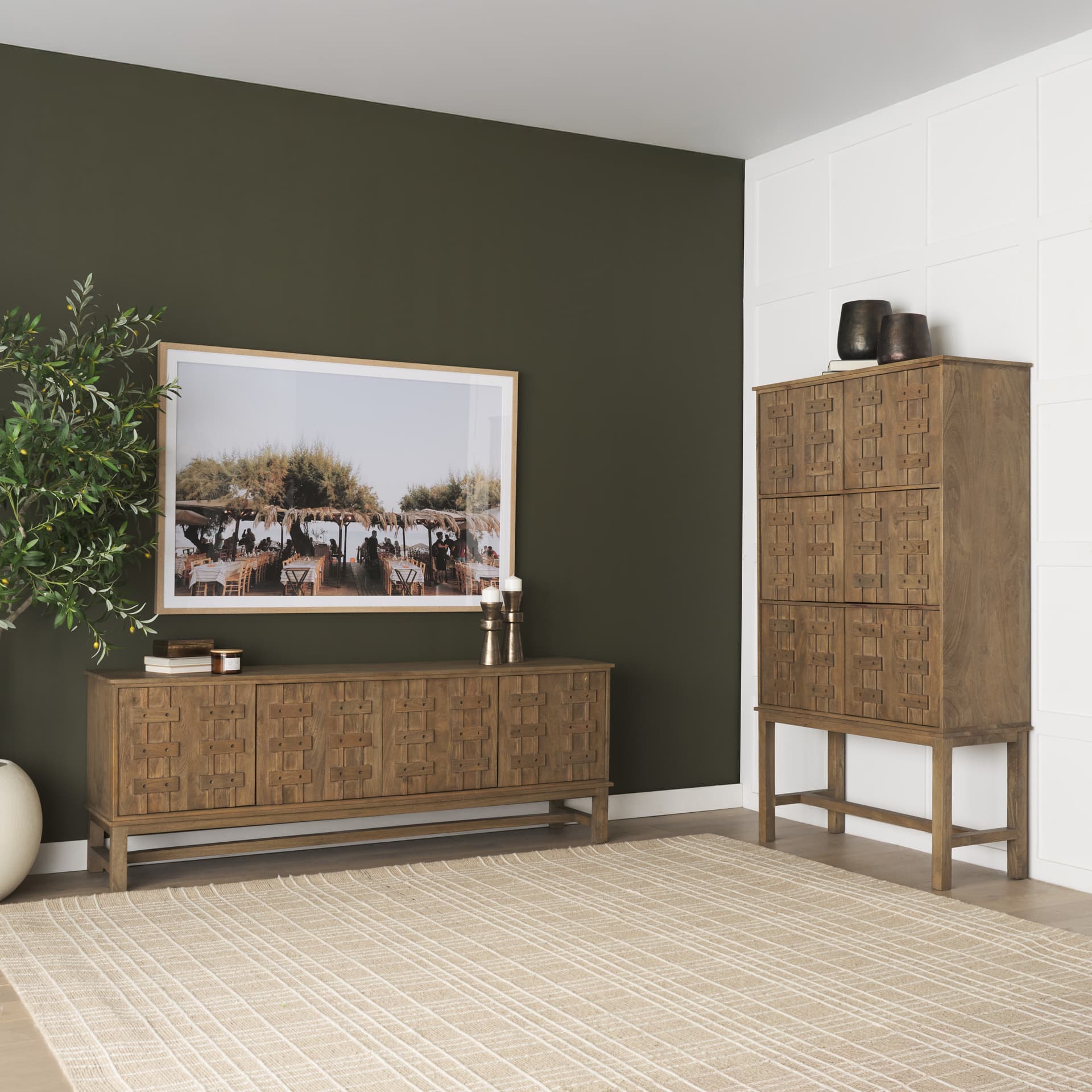 Truss Cool Brown Wood 4 Door Closed Sideboard — in a styled room