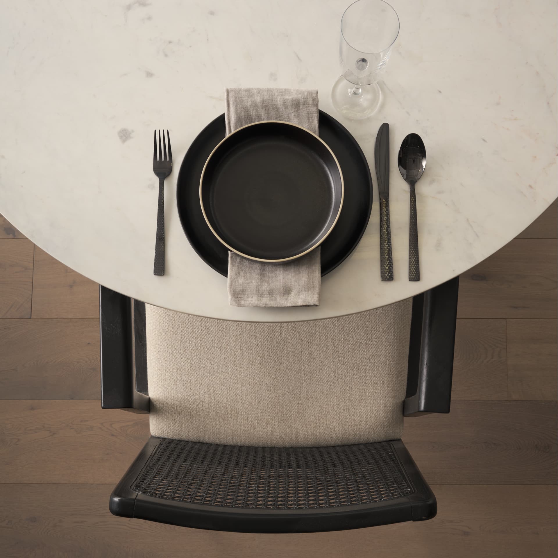 Clara Cane Back Dining Arm Chair | Cream Fabric w/ Black Wood — product photograph