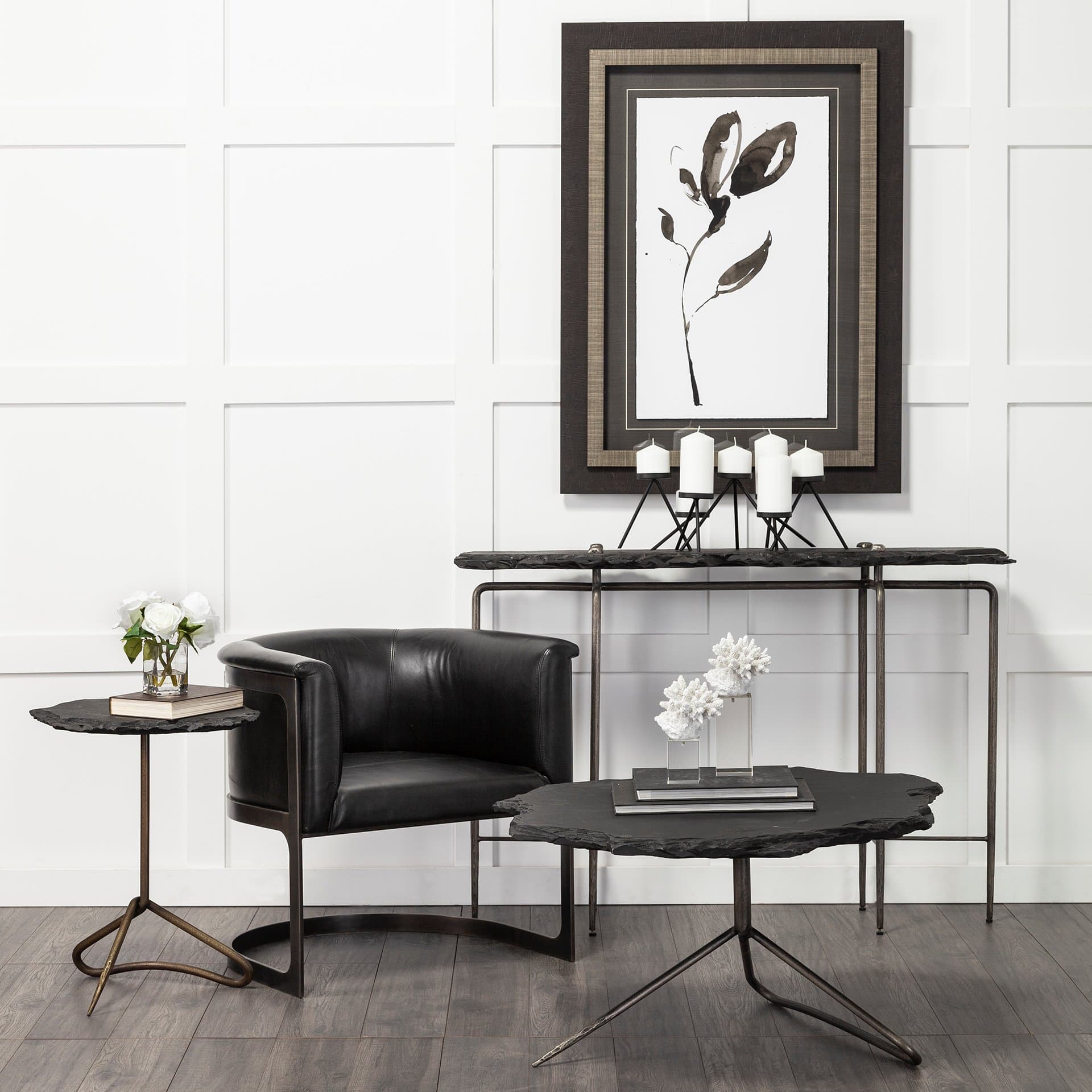 Pinera III 49L x 17W Black Slate W/Iron Base Console Table — in a styled room