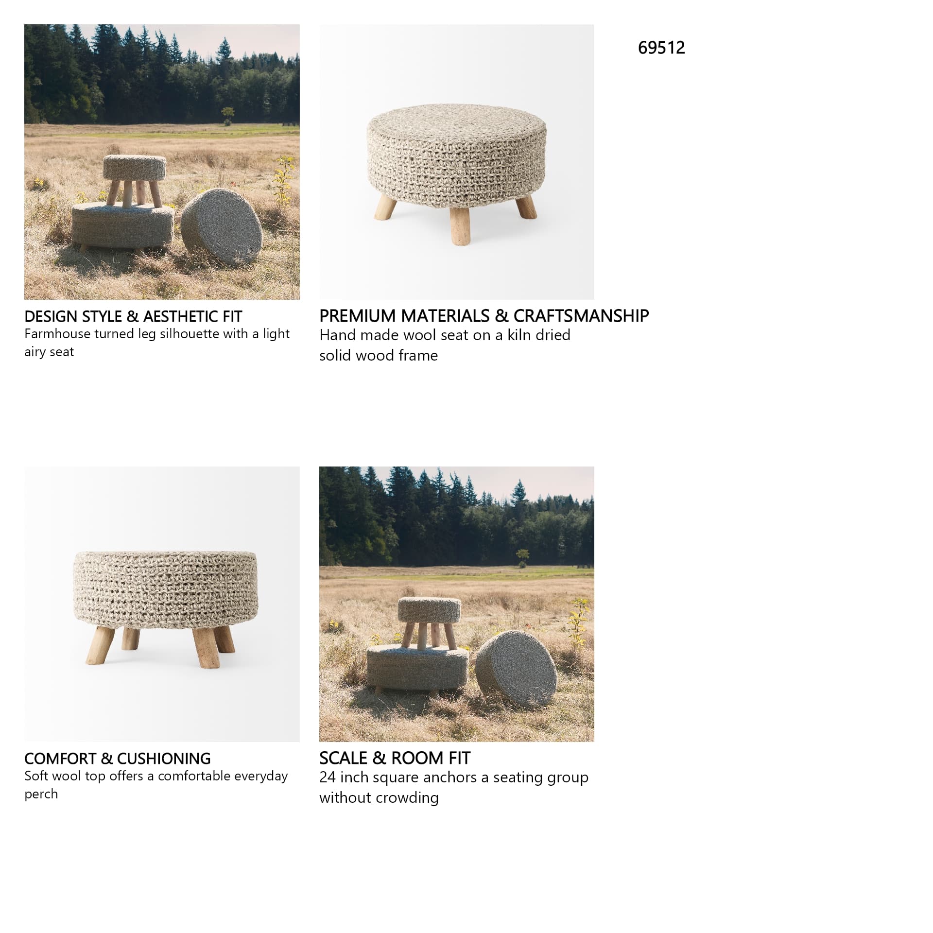 Bina 24.0L x 24.0W x 14.0H Light Gray 4 Legged Wool Stool — in a styled room