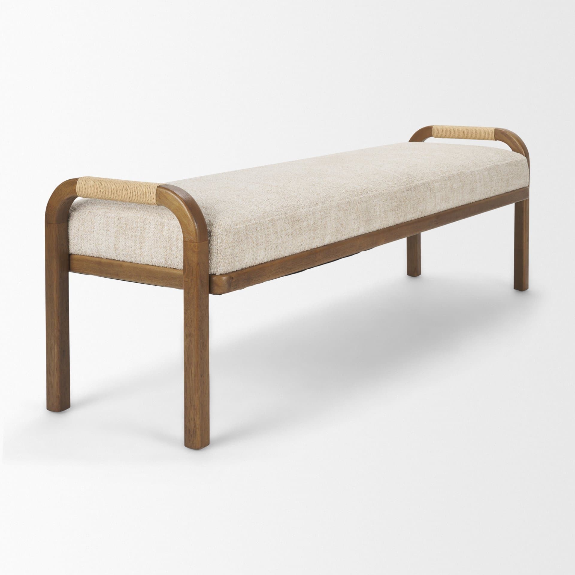 Freya Upholstered Bench | Oatmeal Fabric | Brown Wood Frame — product photograph