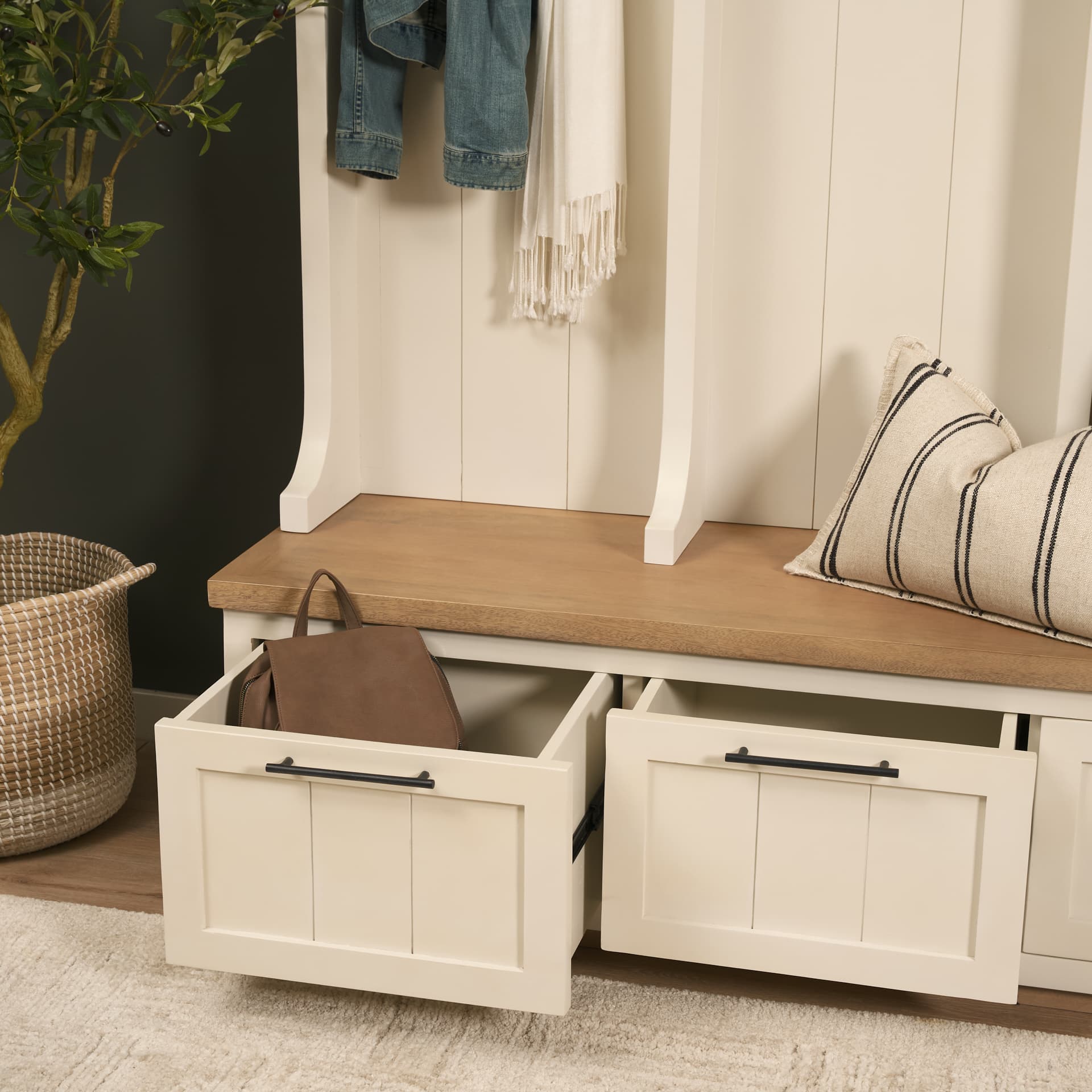 Fairview IV 61L x 17W White And Brown Wood With Storage Hall Tree — product photograph