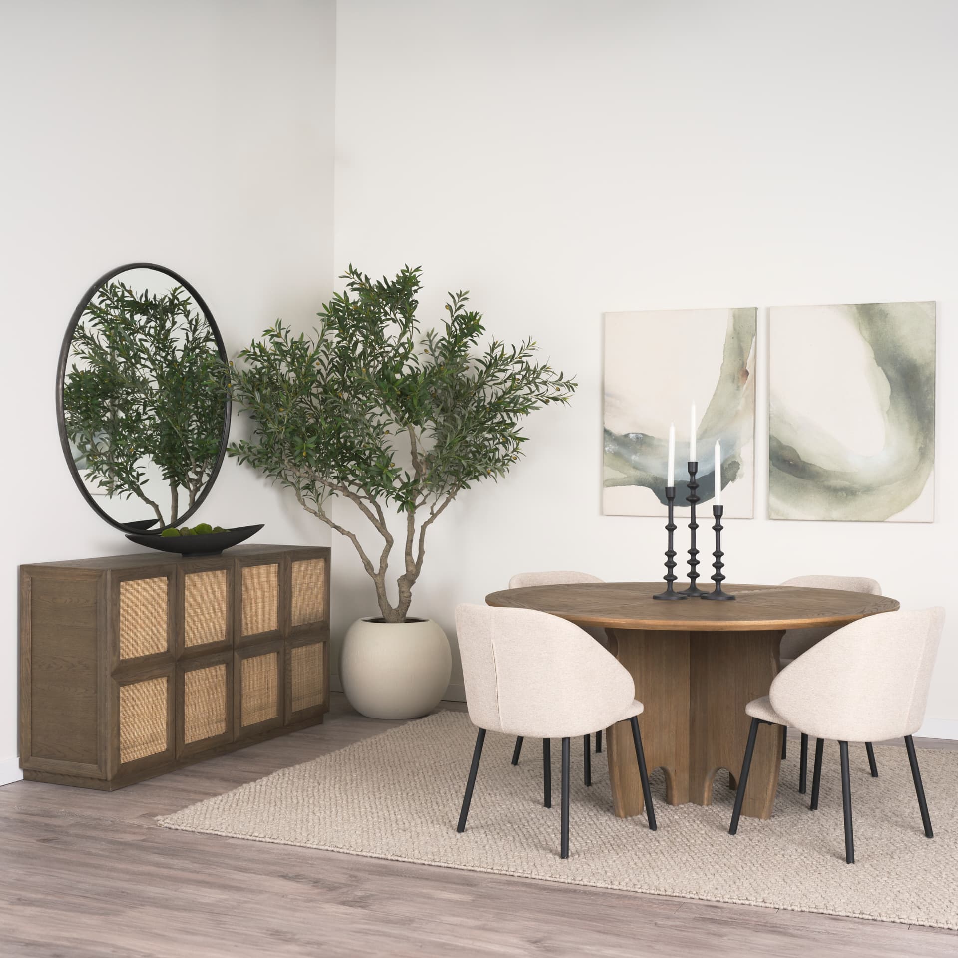 Sina Brown Oak Wood w/ Natural Rattan 4 Door Sideboard — in a styled room