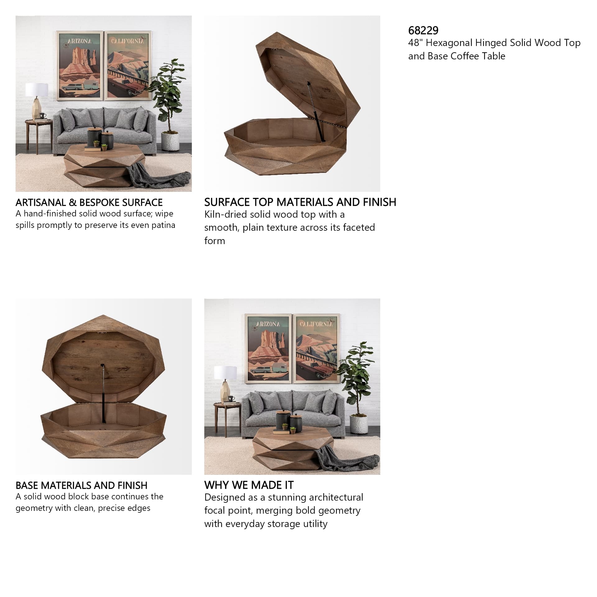 Arreto 48" Hexagonal Hinged Solid Wood Top and Base Coffee Table — in a styled room