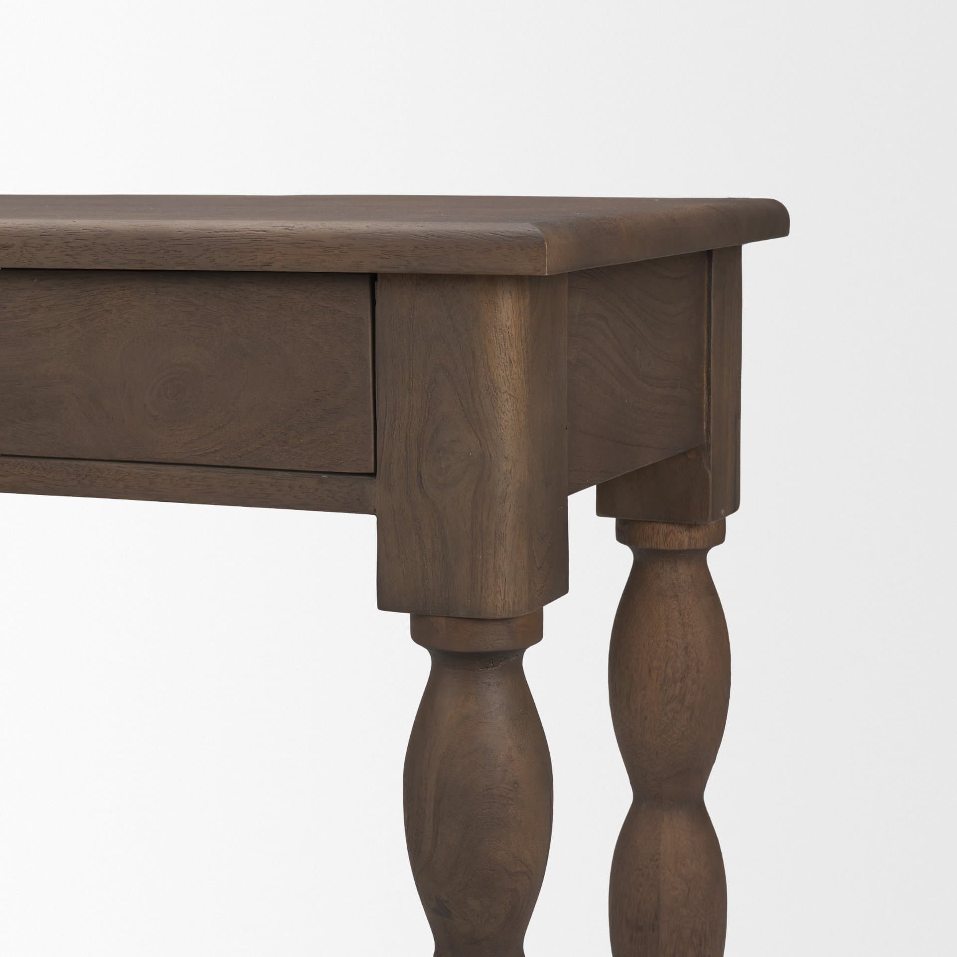 Angeline Spool Turned Console Table | Dark Brown Wood | 2 Drawers — product photograph