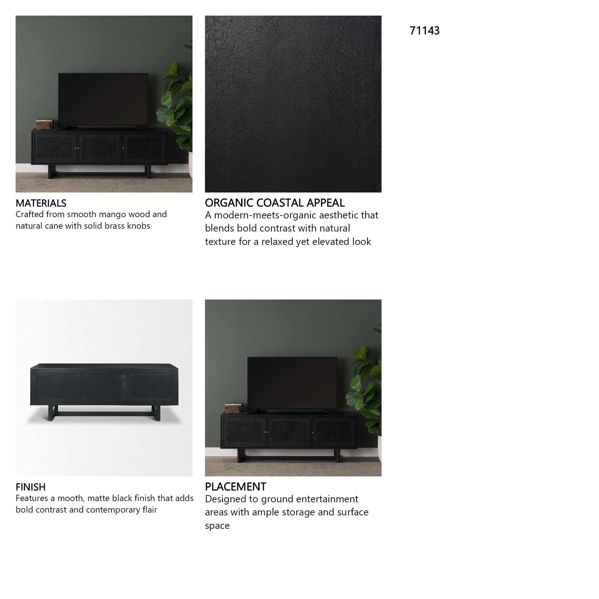 Grier 65" Black Solid Wood W/ Black Cane Media Console — in a styled room