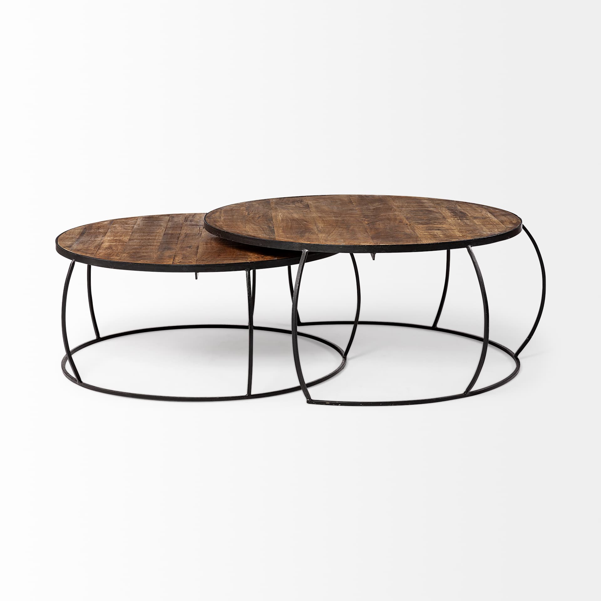 Clapp I Set of 2 (41" & 38") Round Brown Wood Top Black Iron Base Nesting Coffee Tables — product photograph