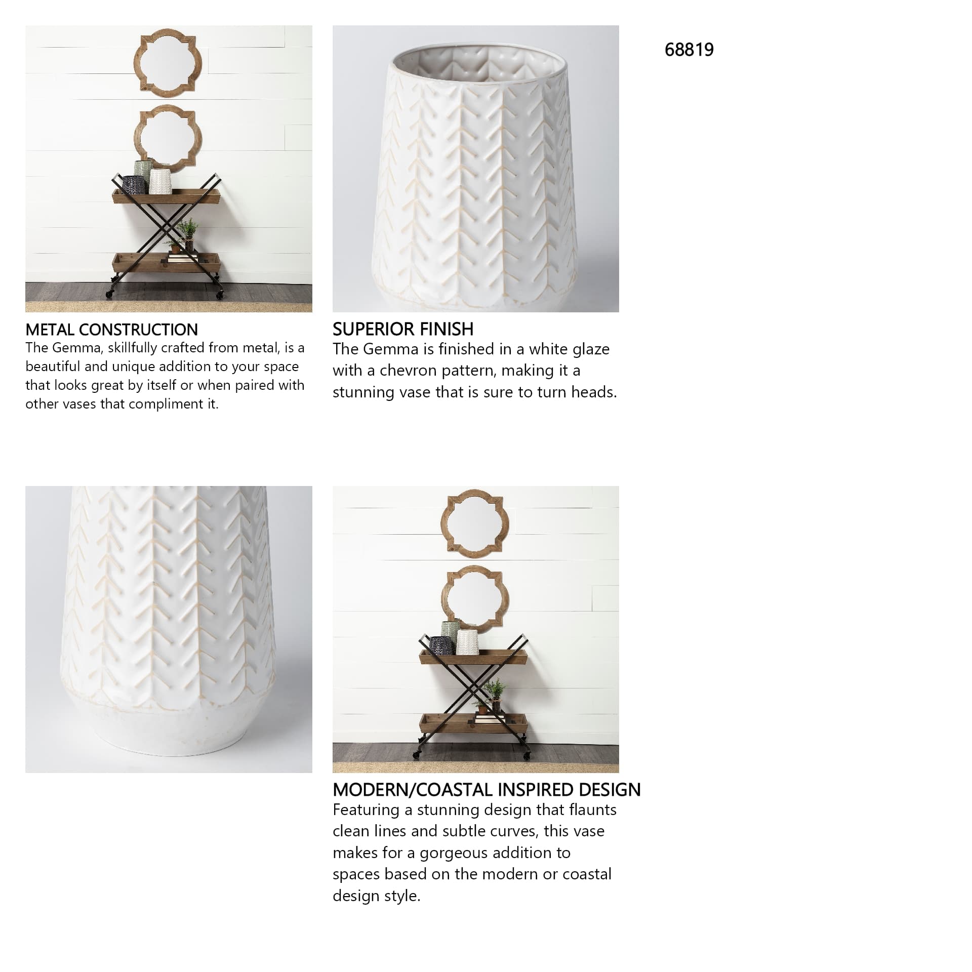 Gemma II Metal Glossy White Chevron Vase — in a styled room