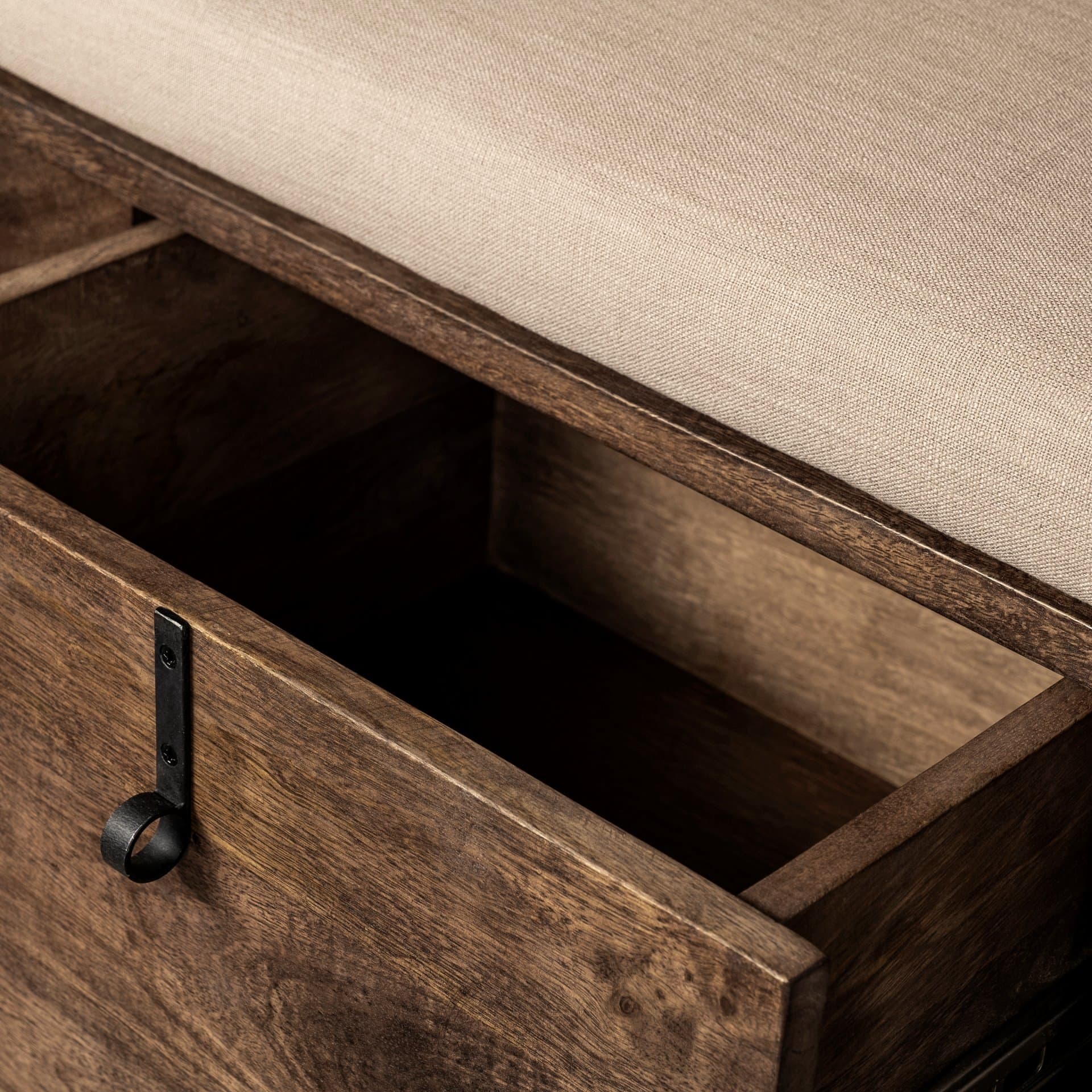Glenn V 56L x 17W Dark Brown Wood w/ Cream Fabric Seat, 3 Drawers Hall Tree — product photograph