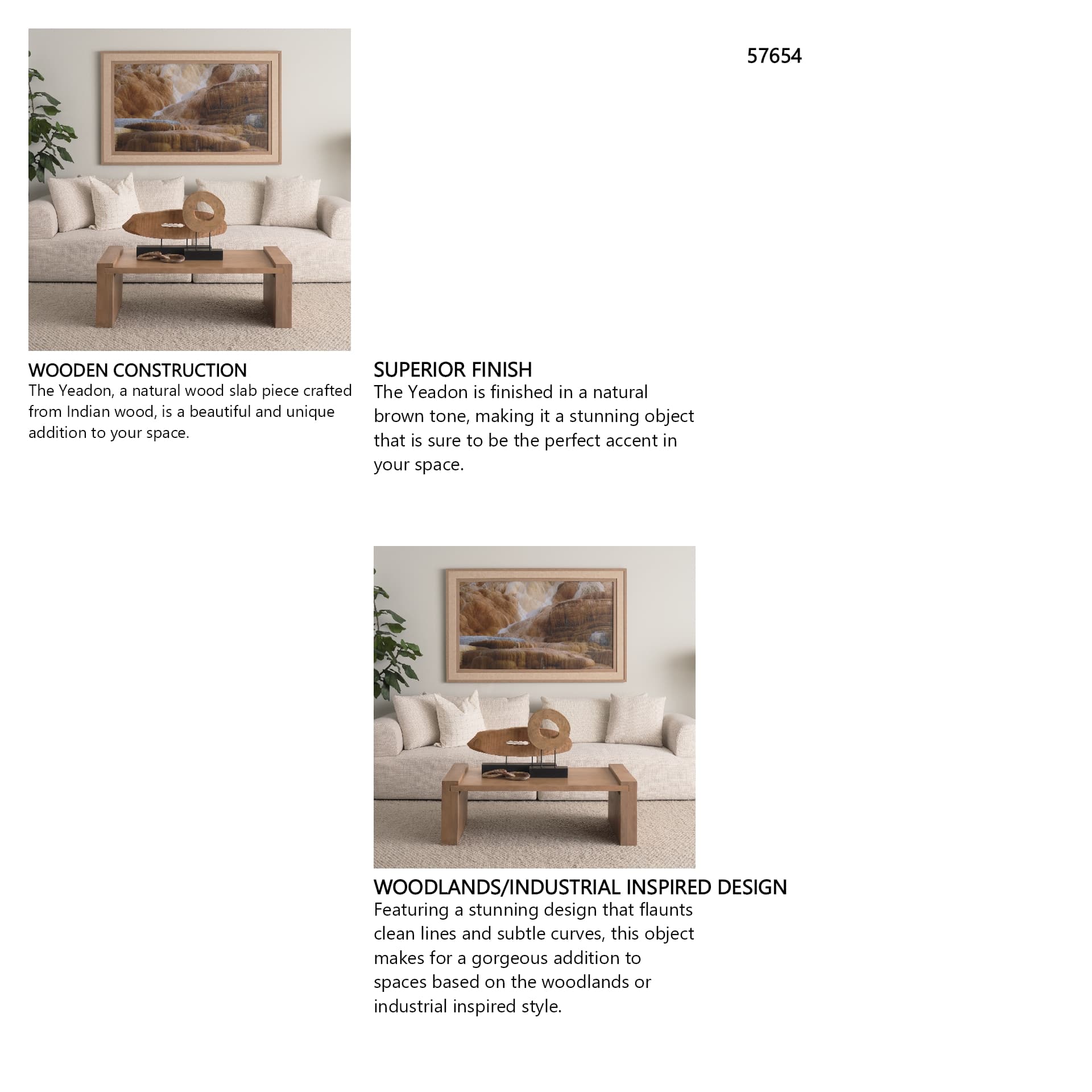 Yeadon I 5L x 34W Brown Shaped Oval Wood Object — in a styled room