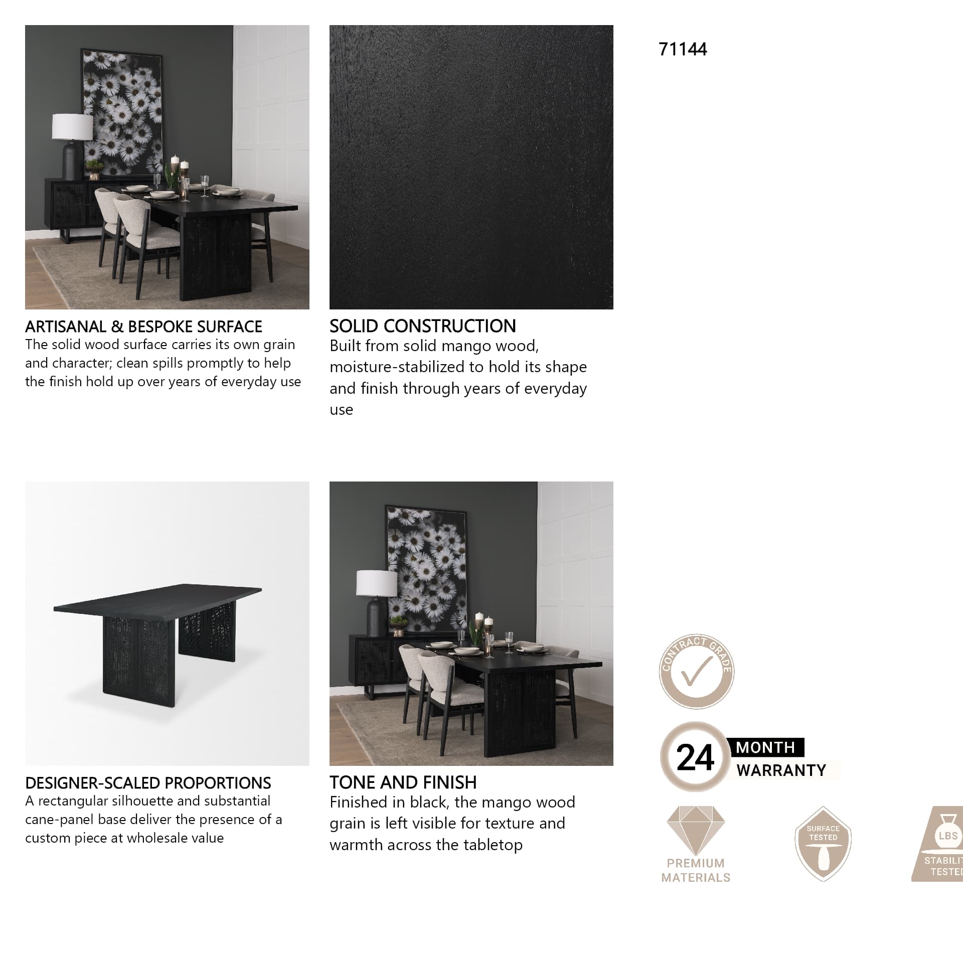 Grier 84"L x 38"W Dining Table | Modern | Black Wood & Black Wood/Cane | Seats 8 — in a styled room