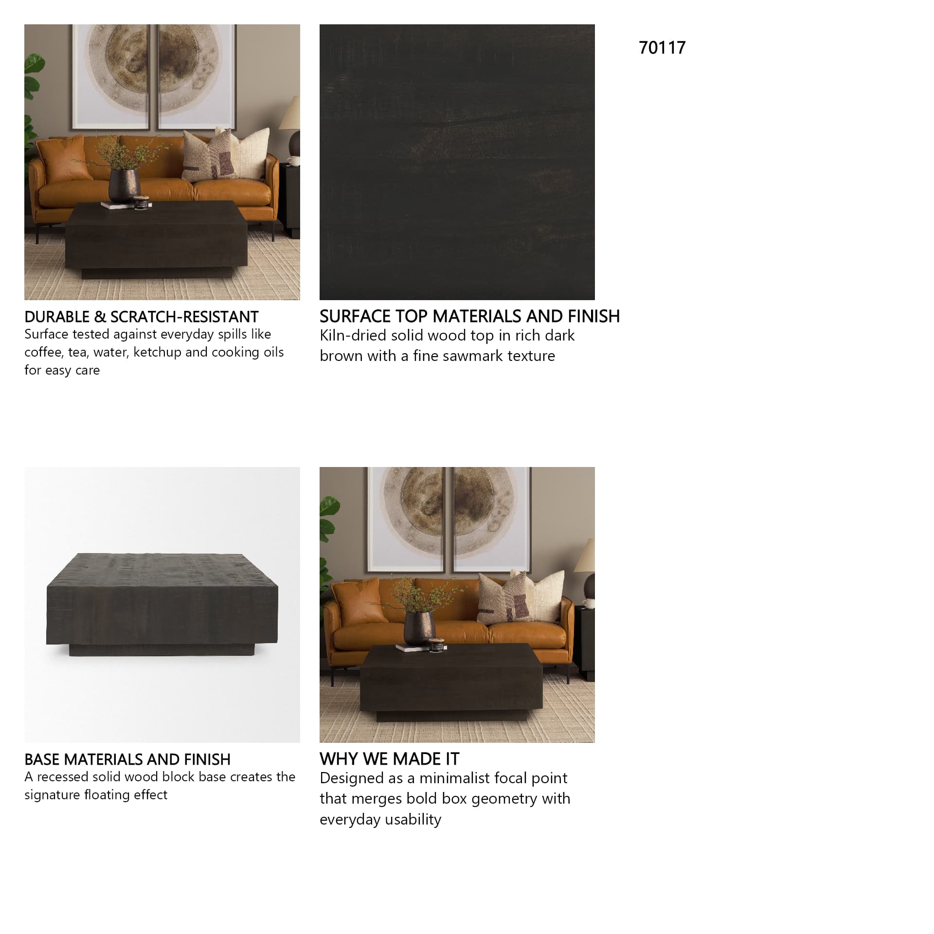 Hayden Dark Brown Wood Square Coffee Table — in a styled room