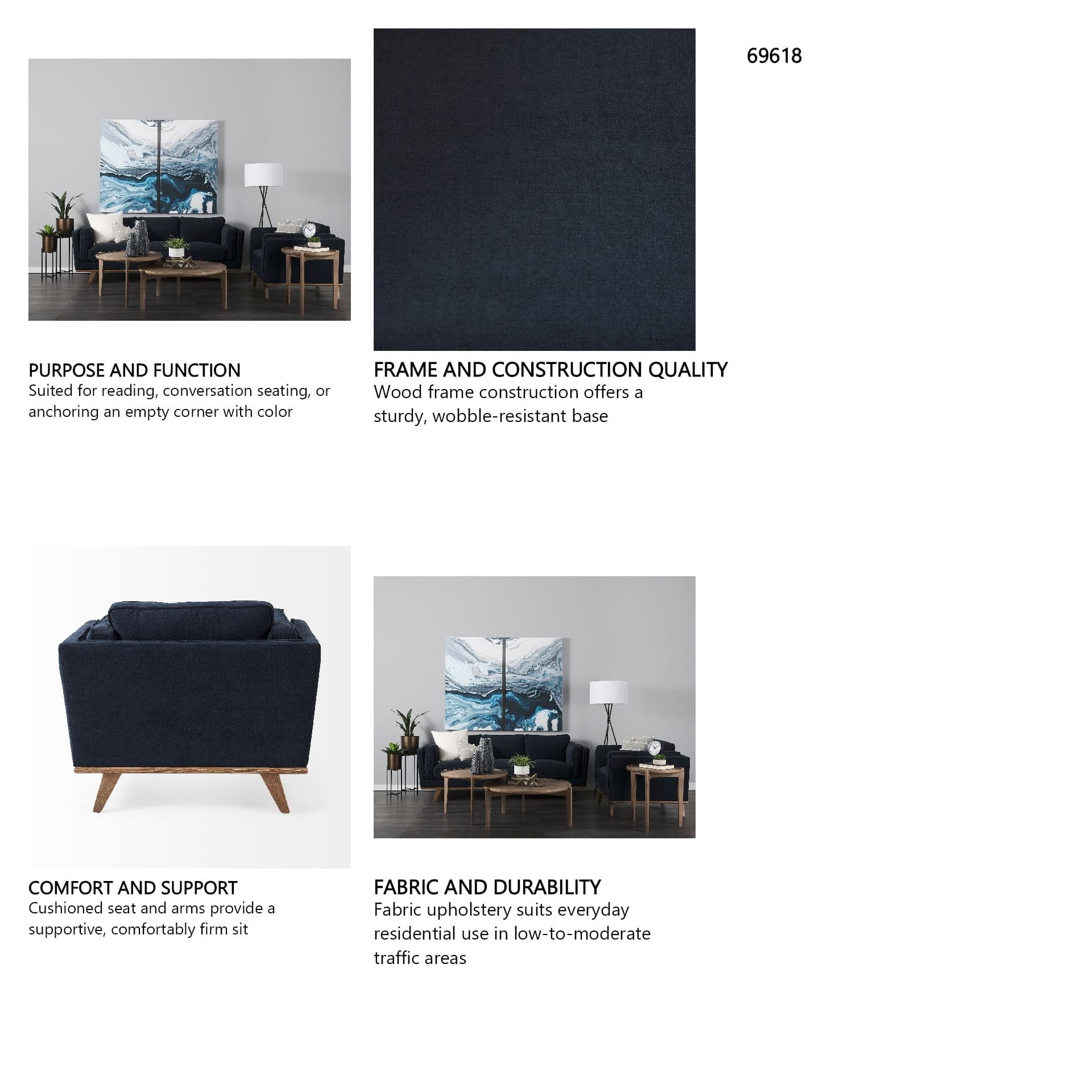 Brooks 41.7L x 34.8W x 33.5H Navy Blue Fabric Chair W/ Medium Brown Wooden Legs — in a styled room