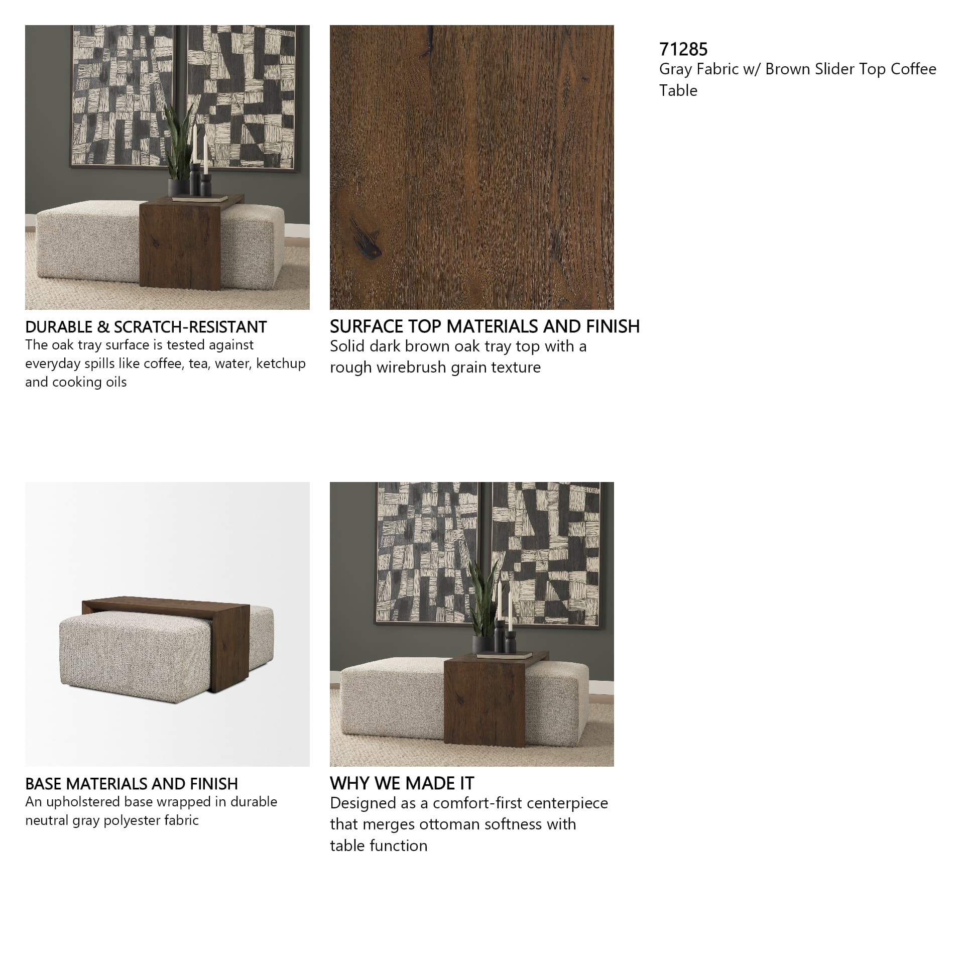 Trayden Gray Fabric w/ Brown Slider Top Coffee Table 55.0X 37.0X 46.0 (cm) — product photograph