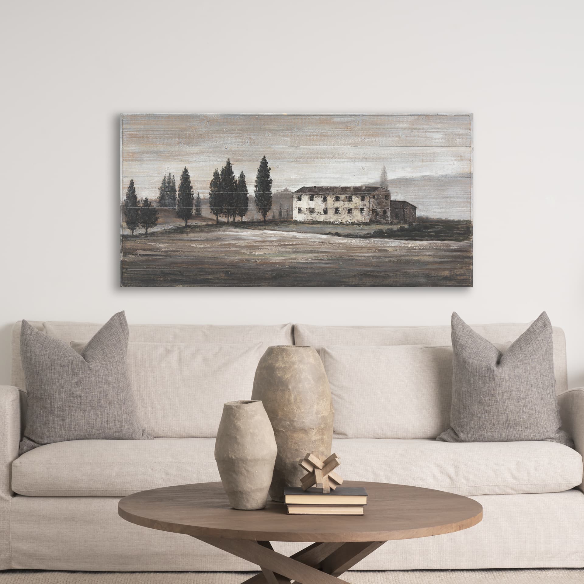 Tuscan Cypress 60x36 Hand Painted on Wood Oil Painting — in a styled room