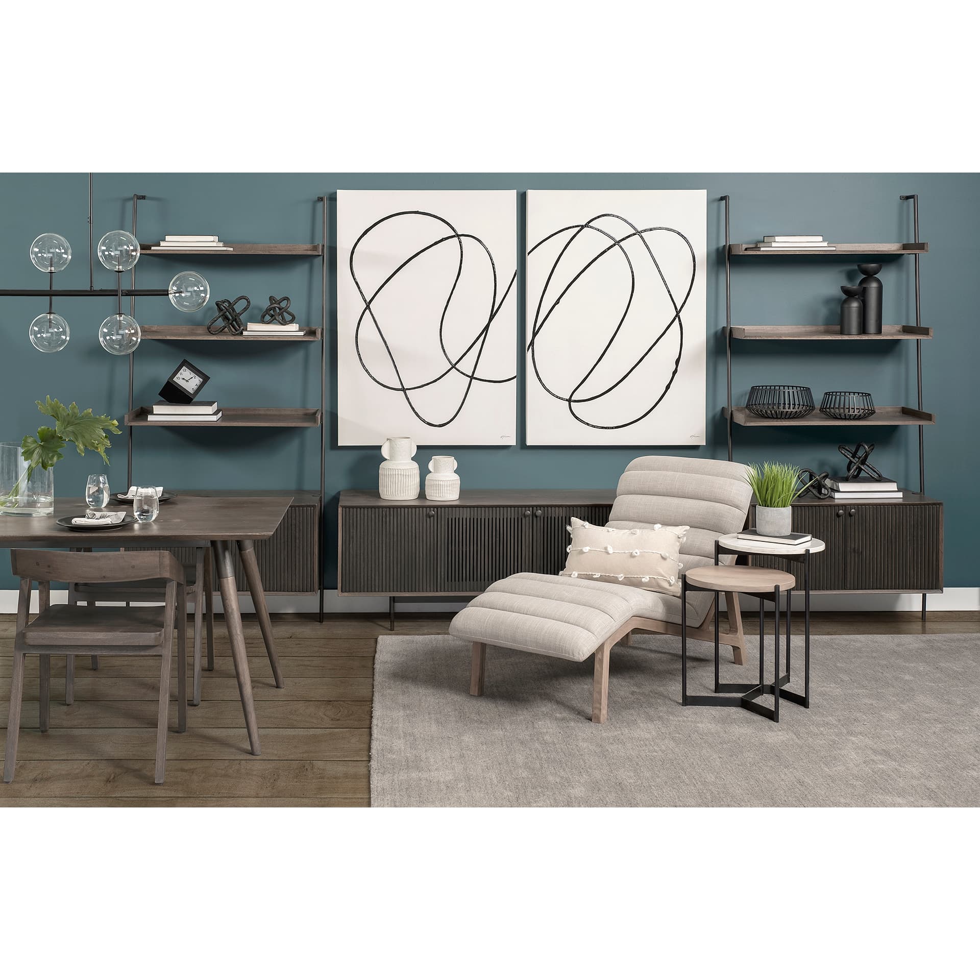 Pierre Beige Fabric Upholstered Armless Chaise Lounge Chair — in a styled room
