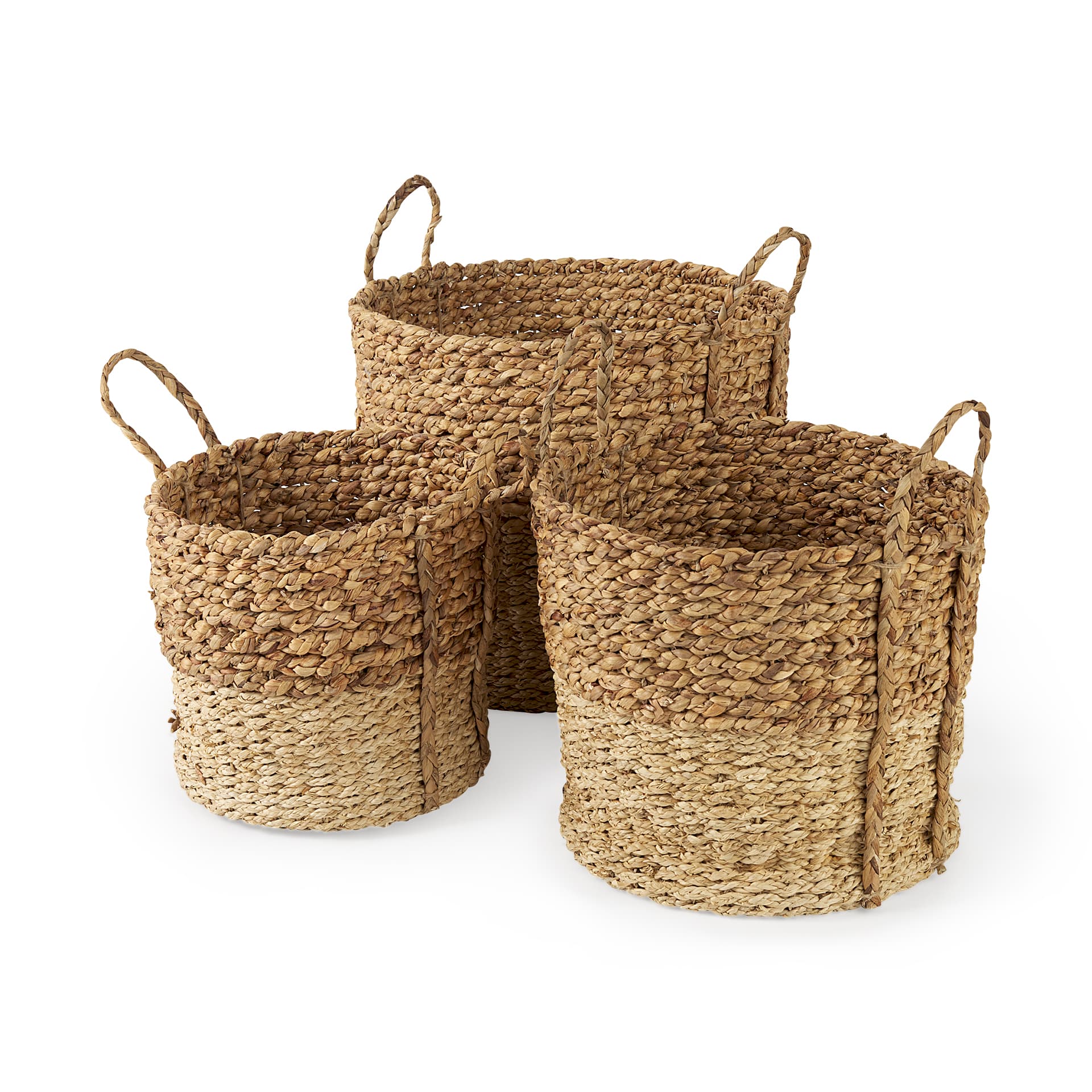 Morocco (Set of 3) Brown Two Tone Water Hyacinth and Cornhusk Round Basket W/ Handles — product photograph