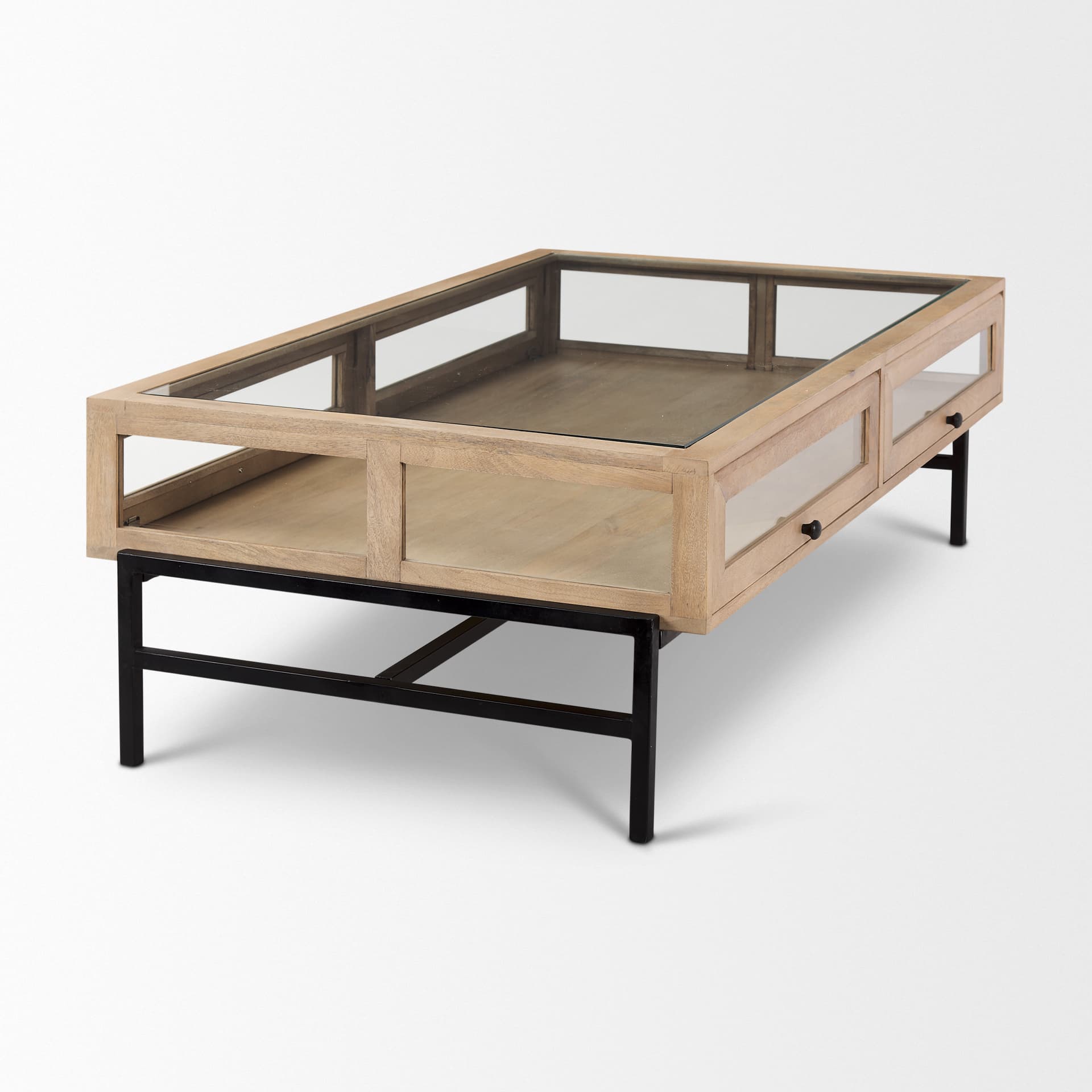Arelius 49.5"L Rectangular Light Brown Wood w/ Black Metal Base Display Coffee Table — product photograph