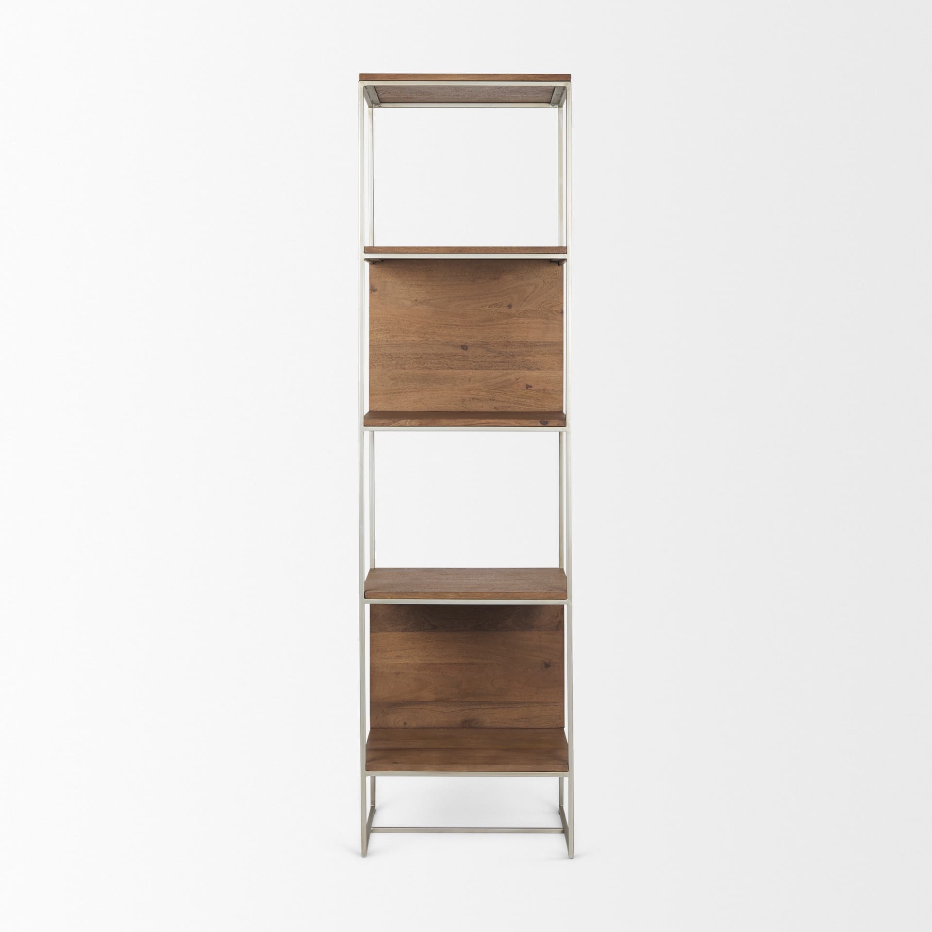 Morris II 19.75 x 15 x 72.5 Brown Wood and Silver Metal Frame 4 Shelf Shelving Unit — product photograph