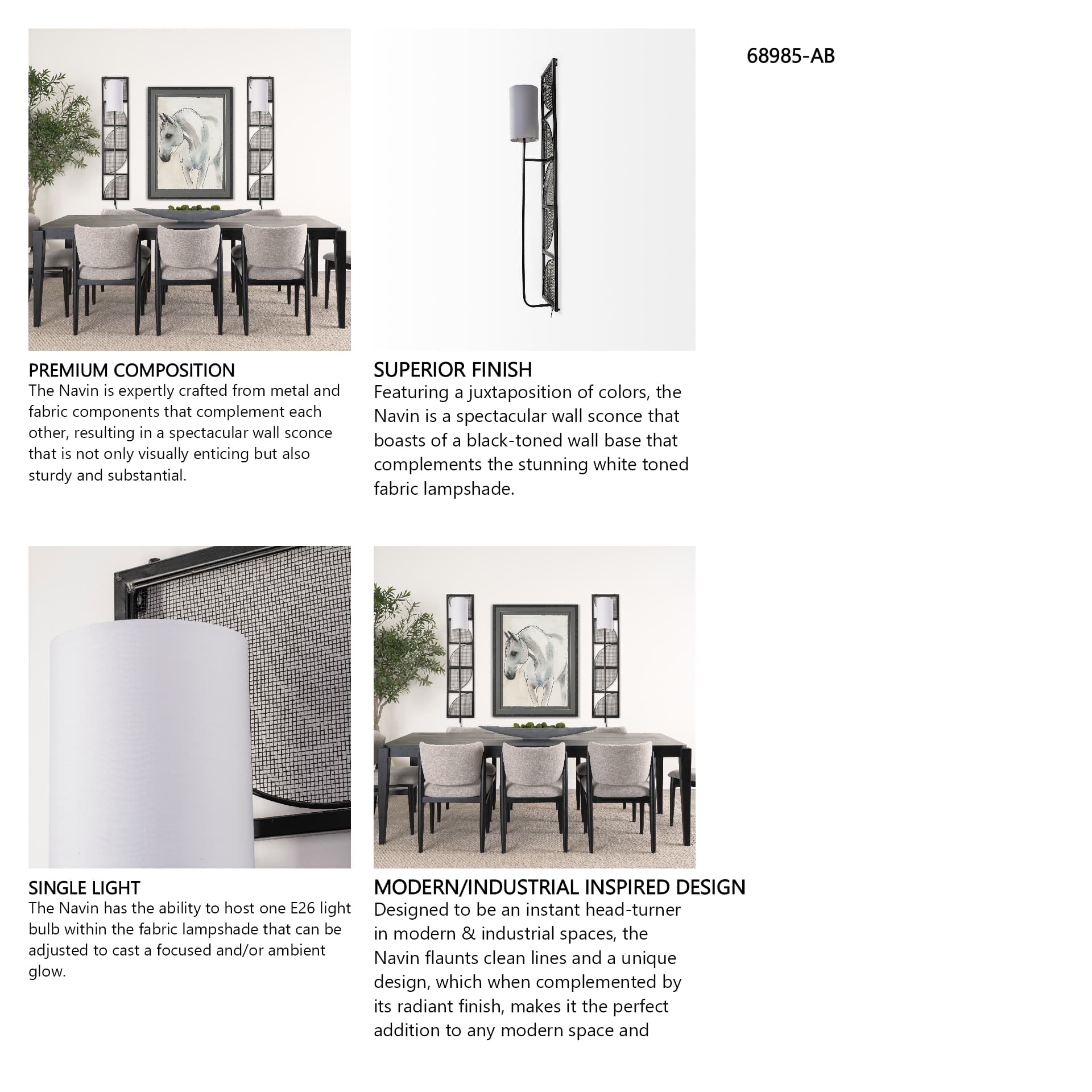Navin 10x46.5 Black Metal Body White Fabric Shade Rectangular Wall Sconce — in a styled room