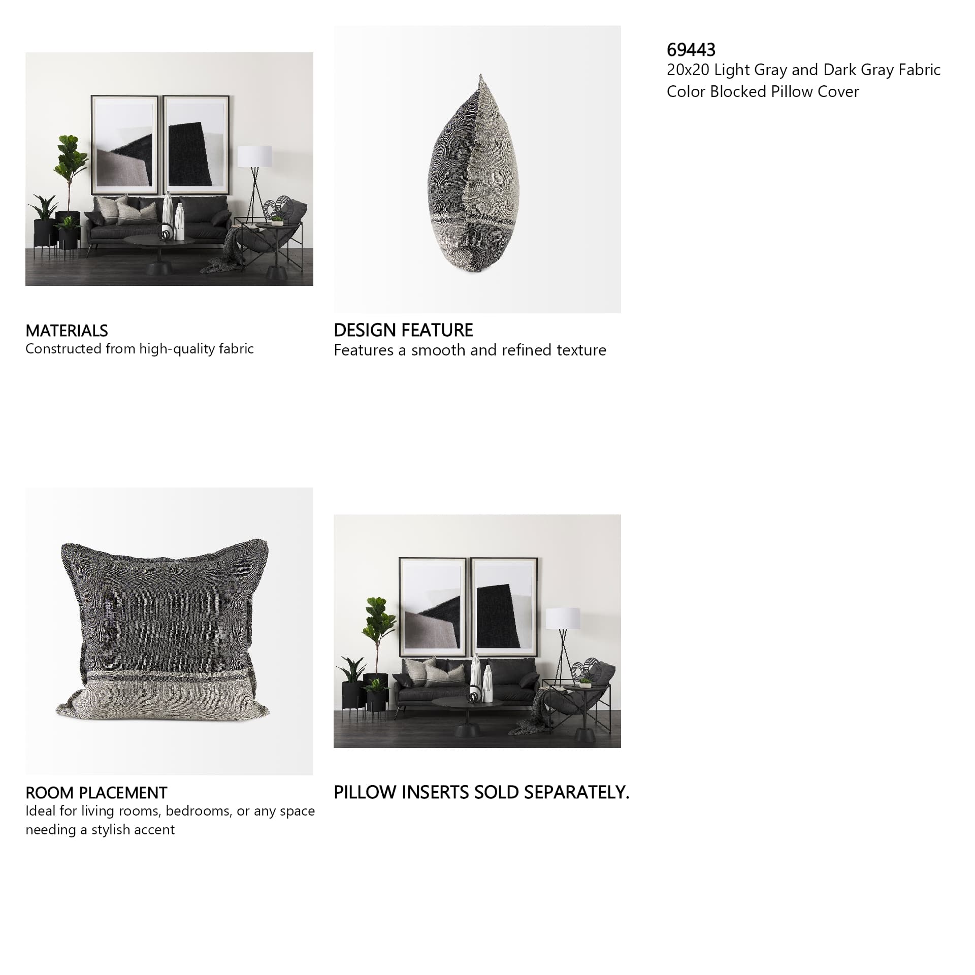 Zadie 20x20 Light Gray and Dark Gray Fabric Color Blocked Pillow Cover — in a styled room